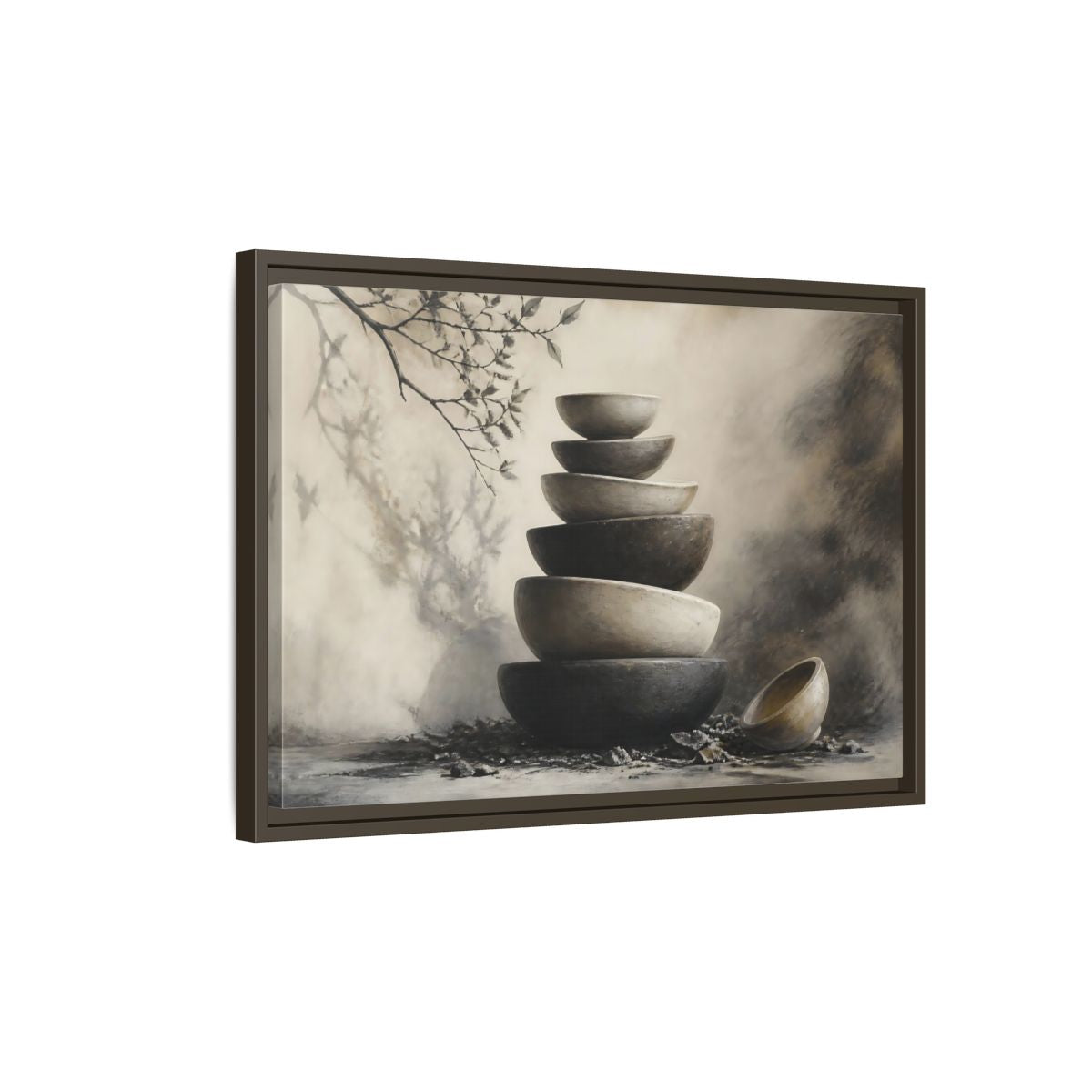 Side Mockup 2. Quiet Stone Bowl Stack shown as framed canvas print