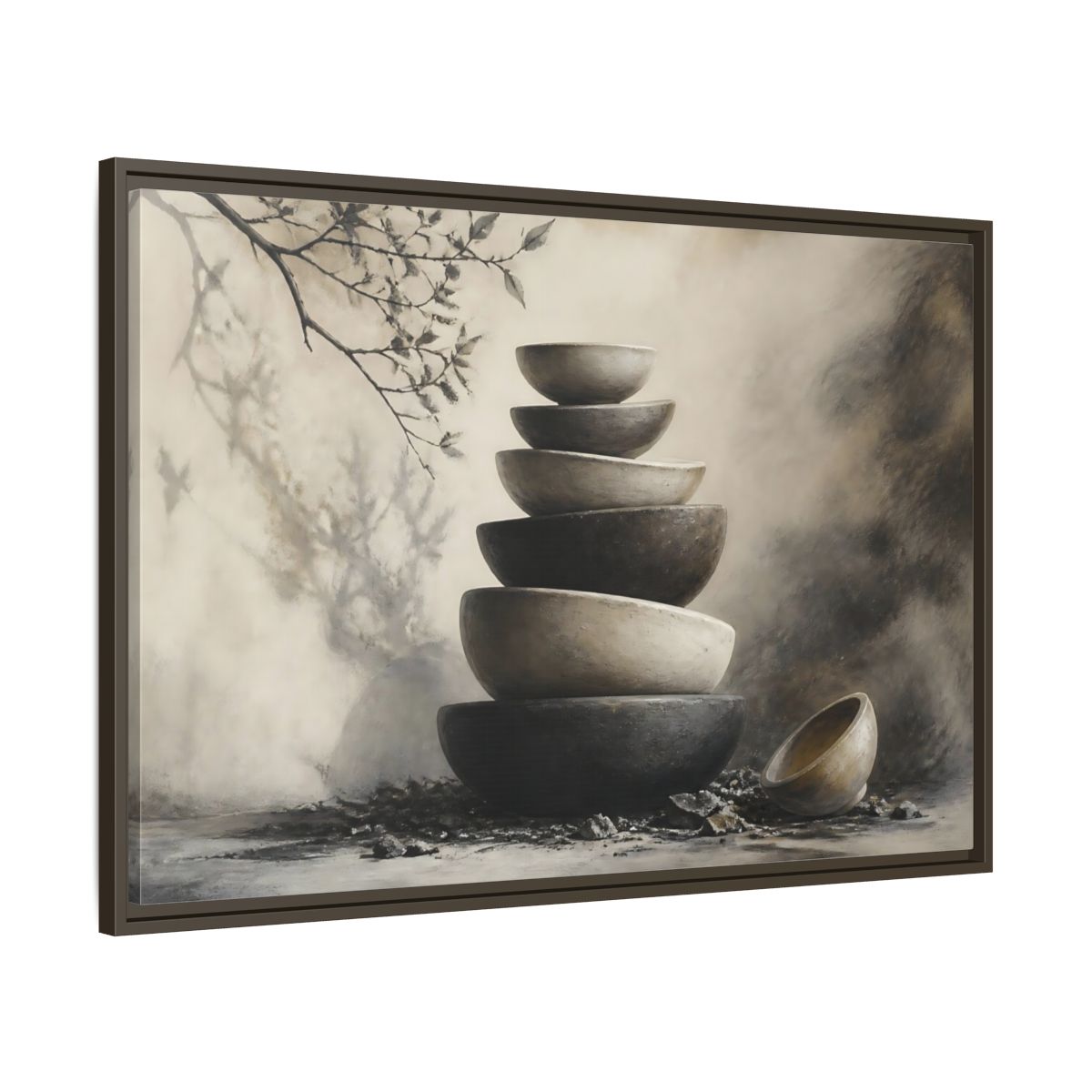 Main Mockup. Quiet Stone Bowl Stack shown as framed canvas print