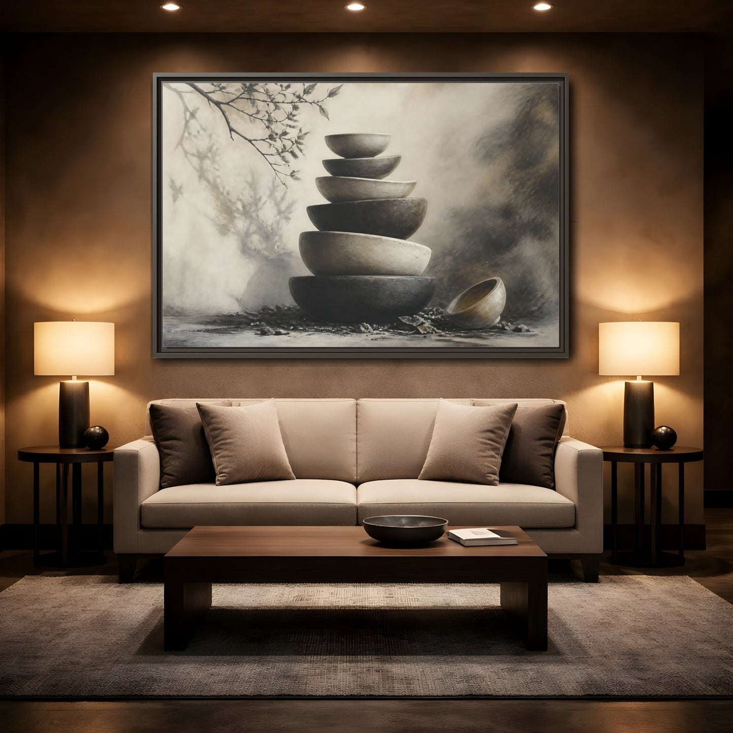 Mockup 2. Quiet Stone Bowl Stack shown as framed canvas print