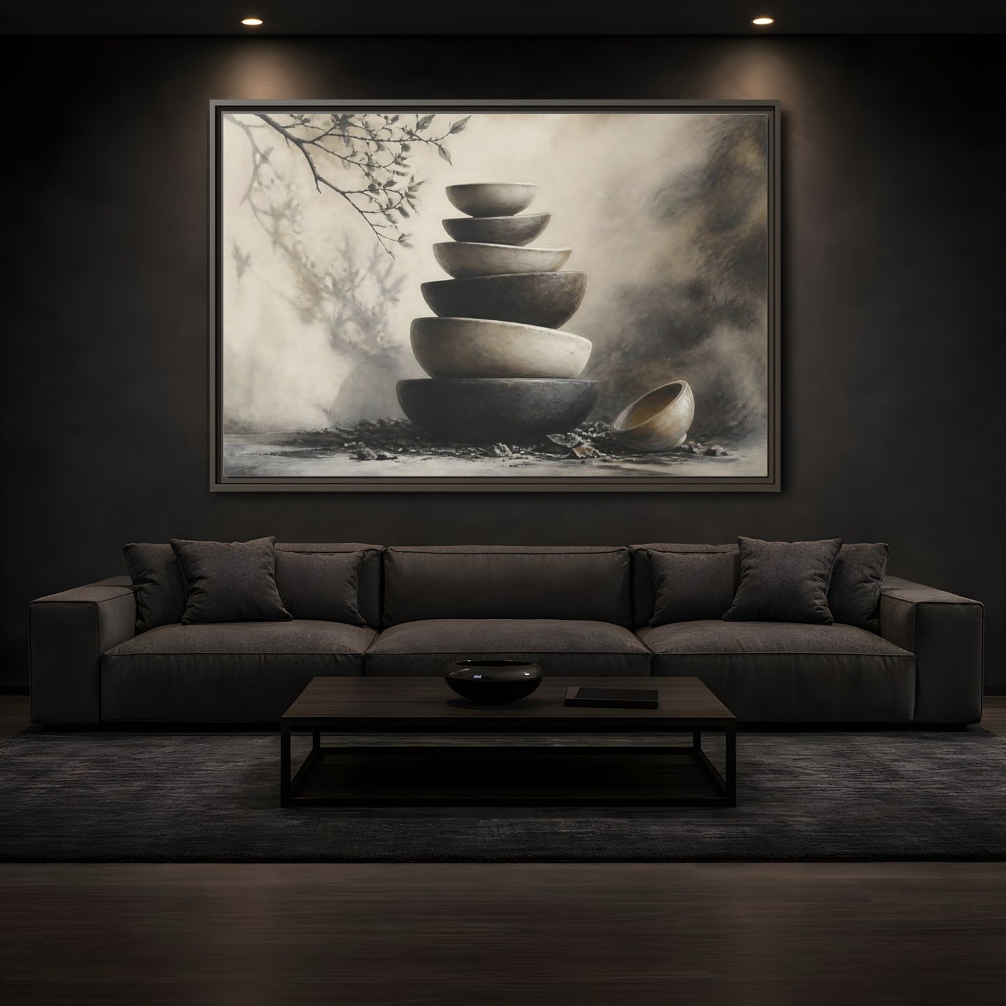 Mockup 3. Quiet Stone Bowl Stack shown as framed canvas print
