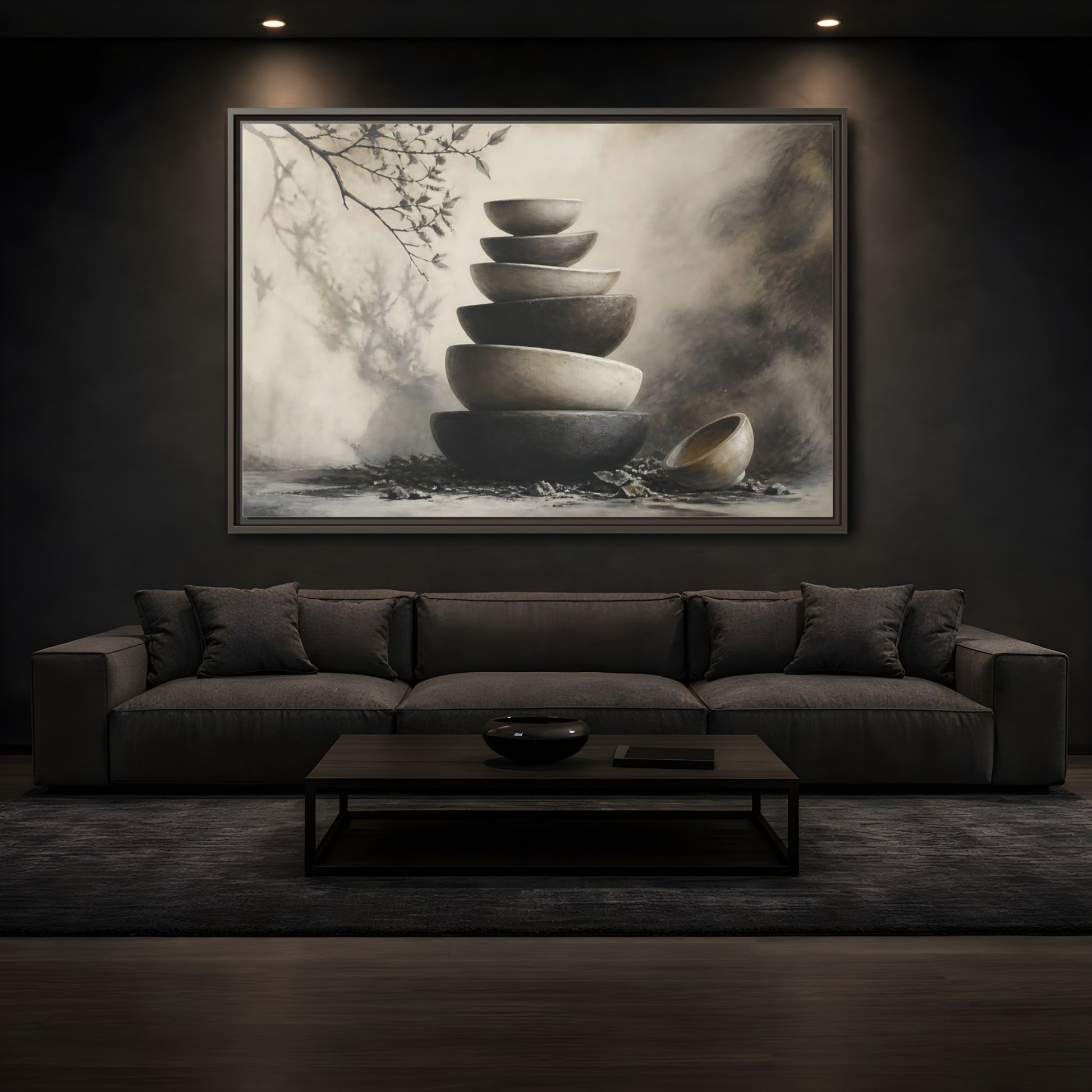 Mockup 3. Quiet Stone Bowl Stack shown as framed canvas print