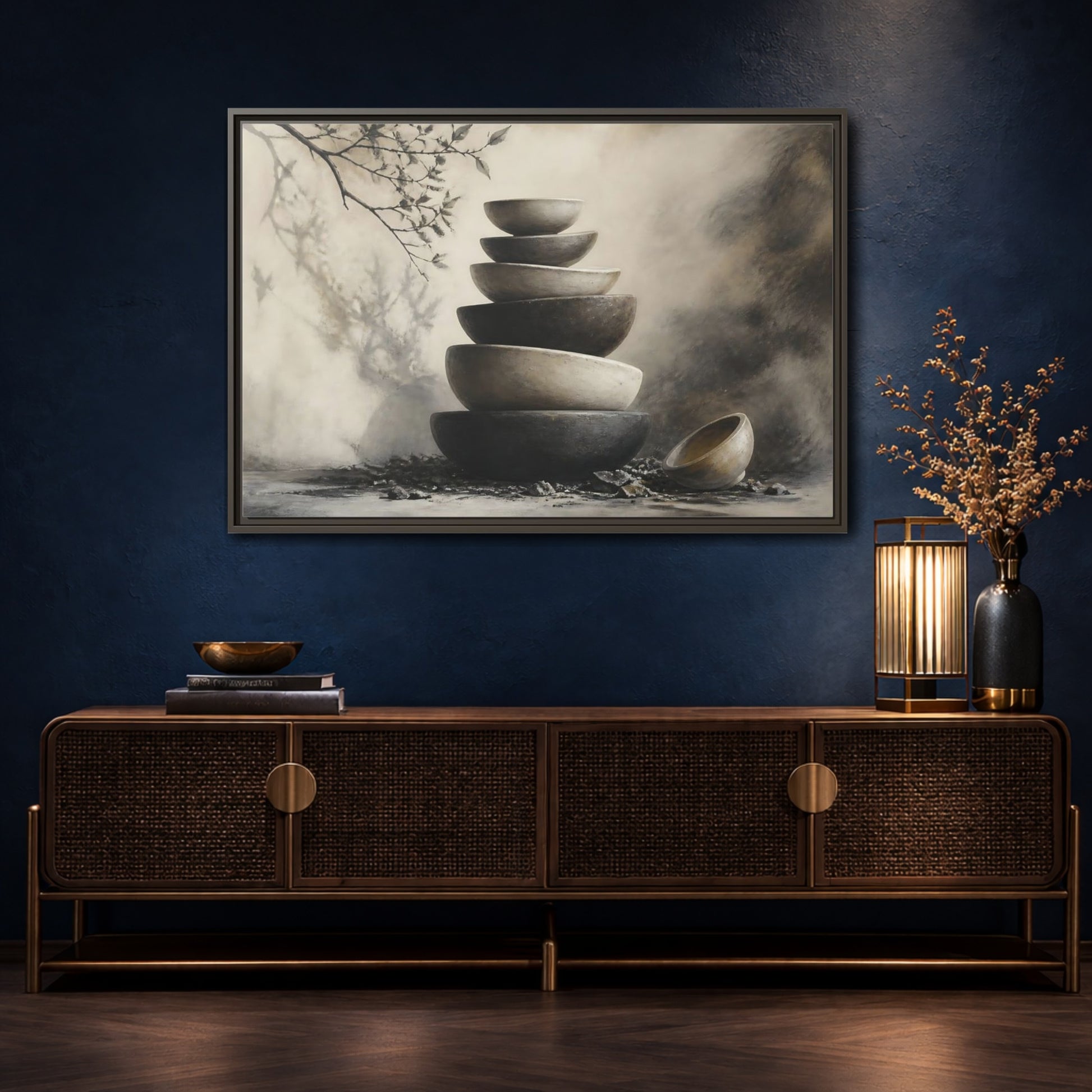Mockup 4. Quiet Stone Bowl Stack shown as framed canvas print