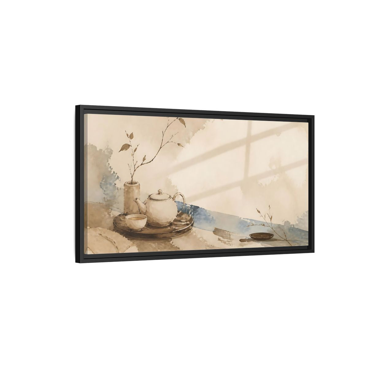 Side Mockup 2. Quiet Tea Tray shown as framed canvas print
