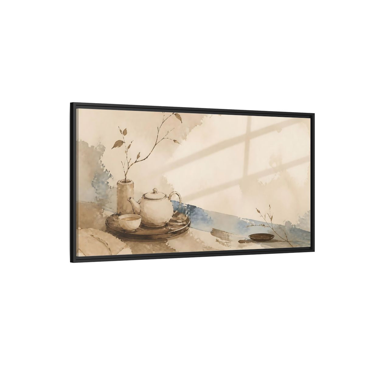 Side Mockup 5. Quiet Tea Tray shown as framed canvas print