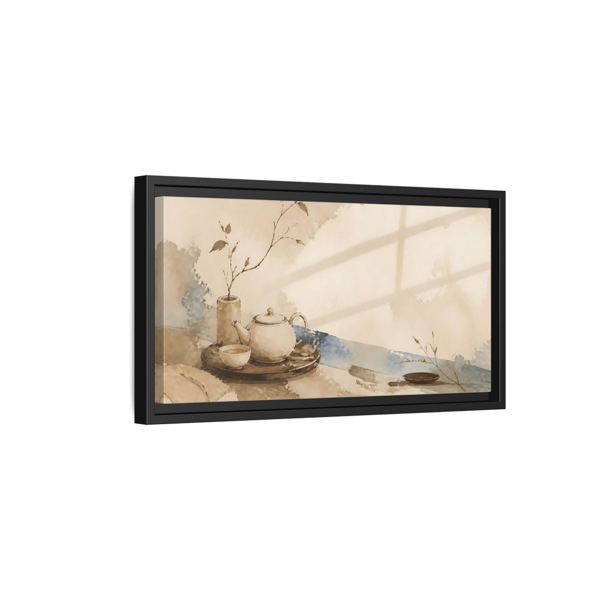 Side Mockup 8. Quiet Tea Tray shown as framed canvas print