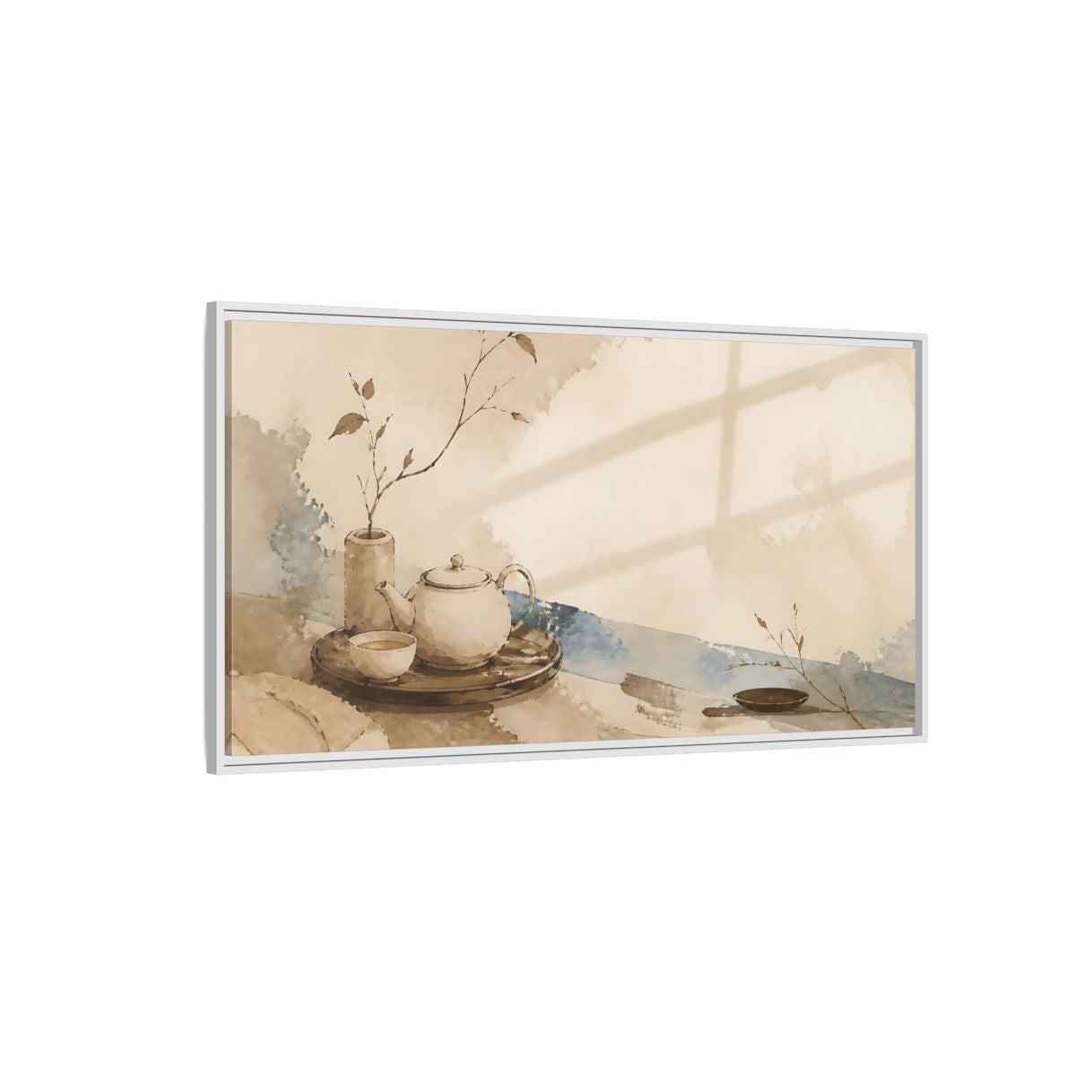 Side Mockup 3. Quiet Tea Tray shown as framed canvas print