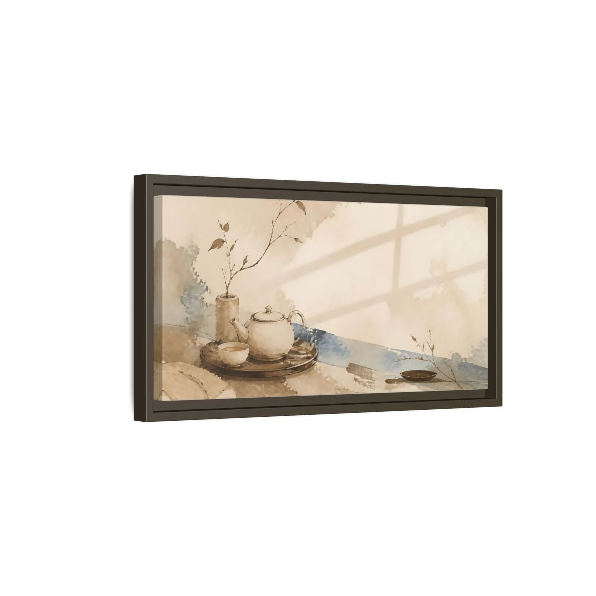 Side Mockup 7. Quiet Tea Tray shown as framed canvas print