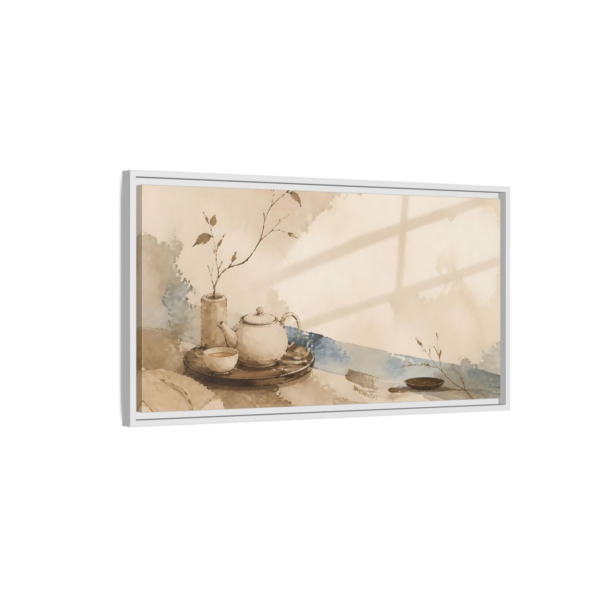 Side Mockup 1. Quiet Tea Tray shown as framed canvas print