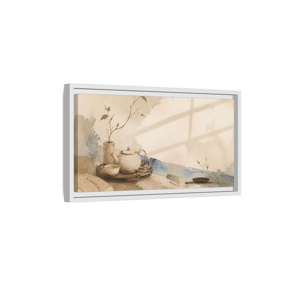 Side Mockup 6. Quiet Tea Tray shown as framed canvas print