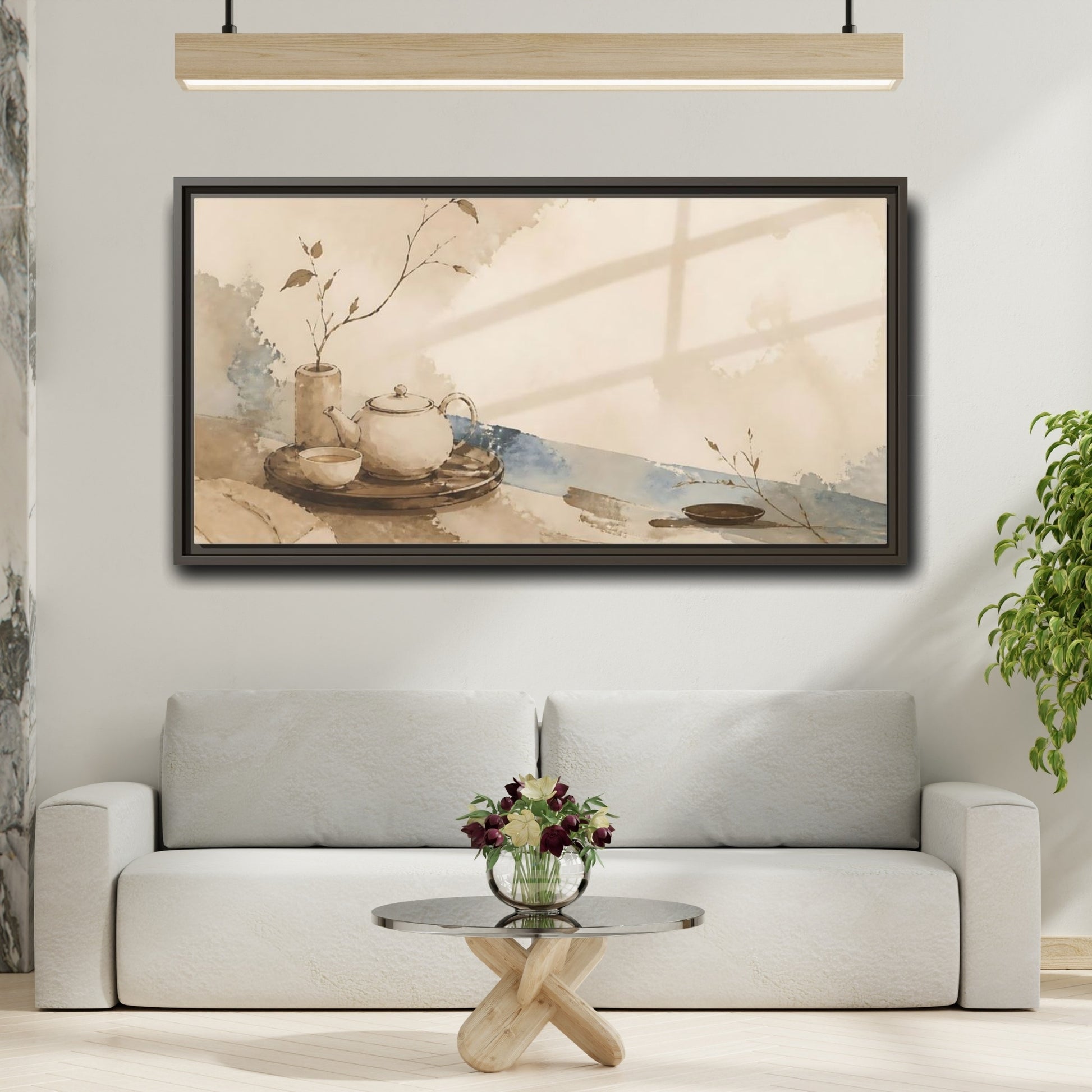Mockup 2. Quiet Tea Tray shown as framed canvas print