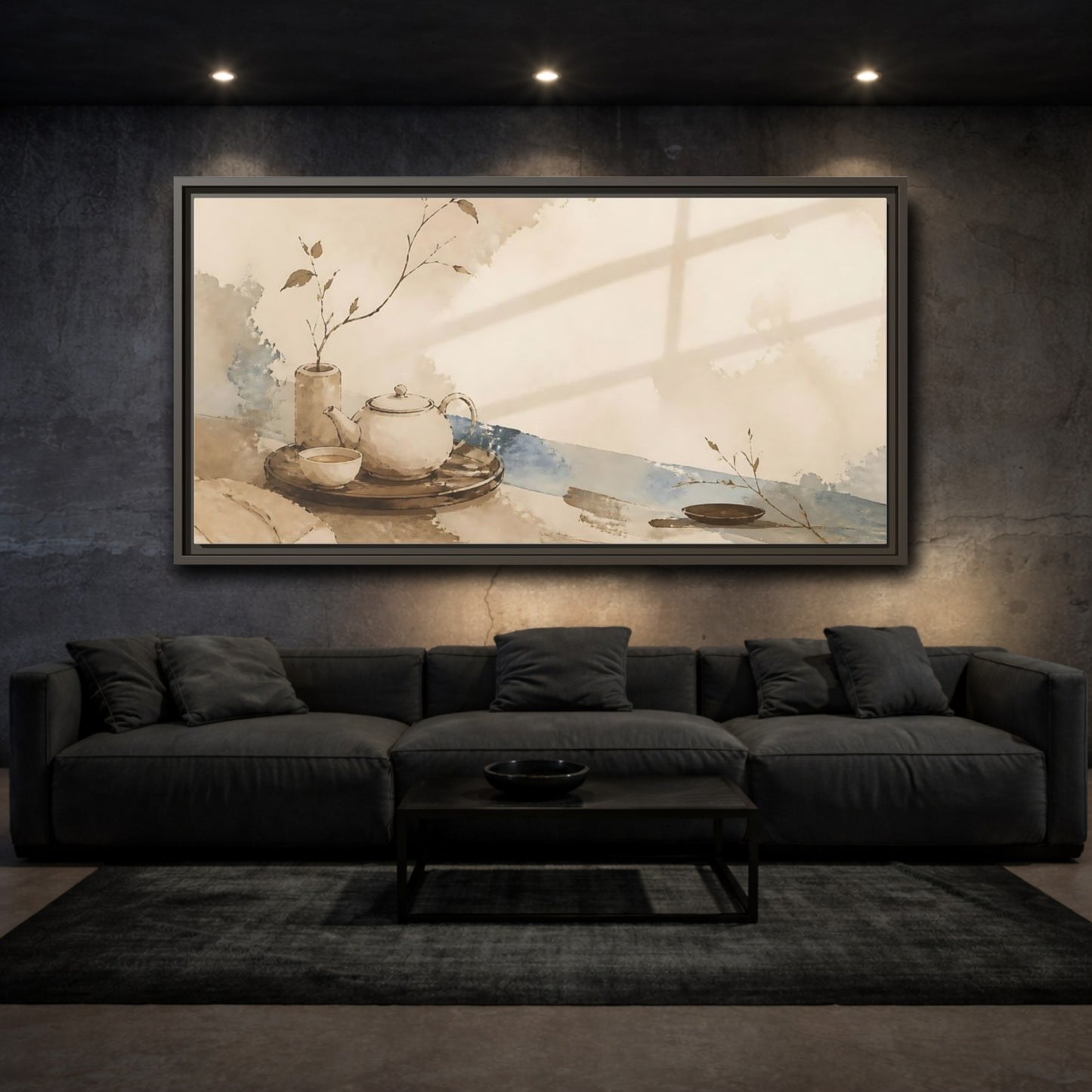 Mockup 3. Quiet Tea Tray shown as framed canvas print