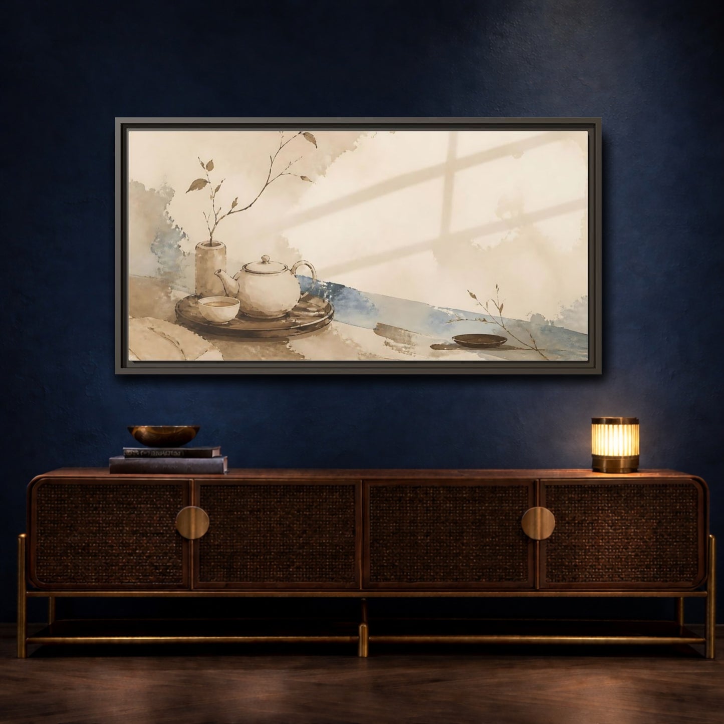 Mockup 4. Quiet Tea Tray shown as framed canvas print