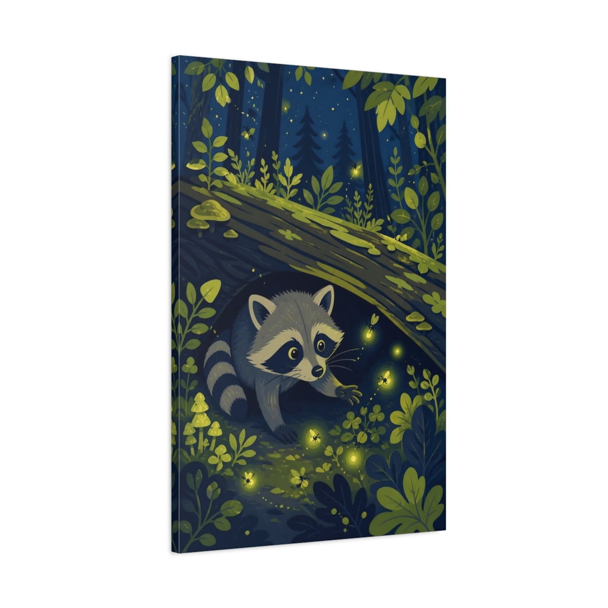 Main Mockup. Raccoon And Fireflies Kids Room shown as canvas print