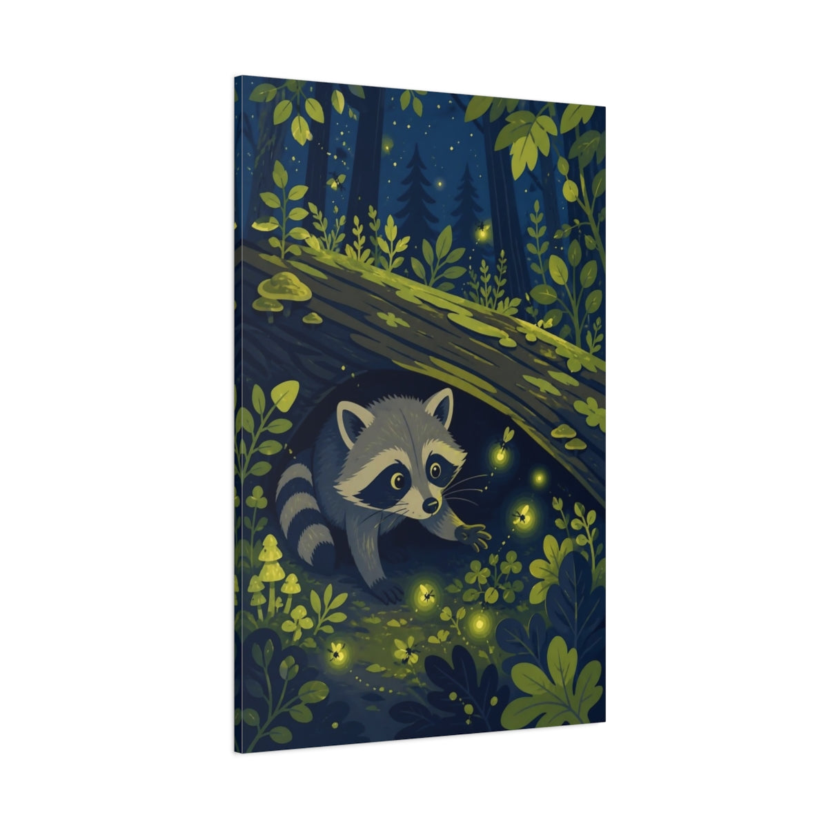 Side Mockup 1. Raccoon And Fireflies Kids Room shown as canvas print