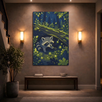 Mockup 2. Raccoon And Fireflies Kids Room shown as canvas print