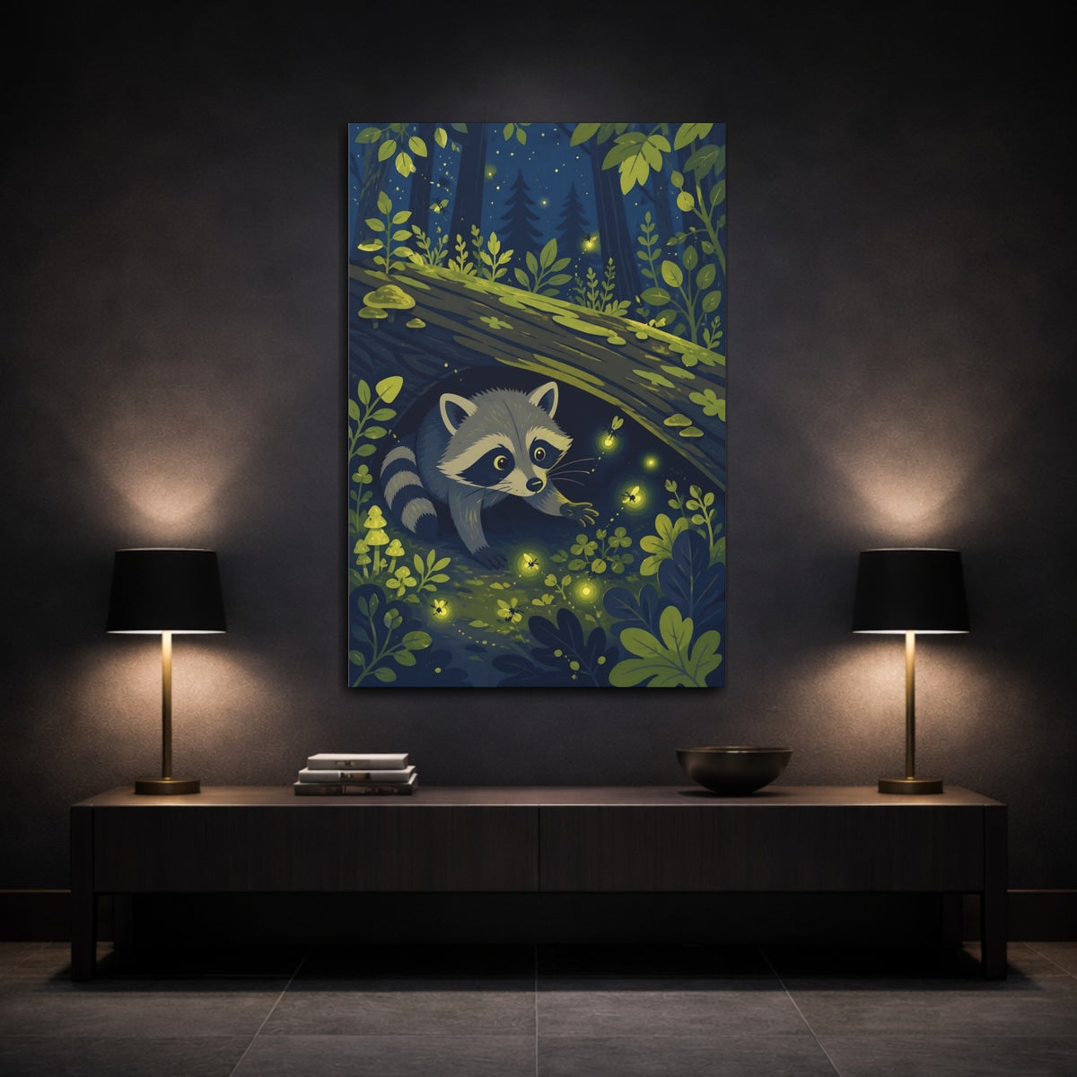 Mockup 3. Raccoon And Fireflies Kids Room shown as canvas print