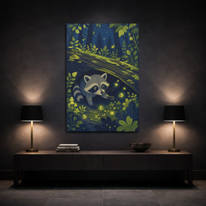 Mockup 3. Raccoon And Fireflies Kids Room shown as canvas print