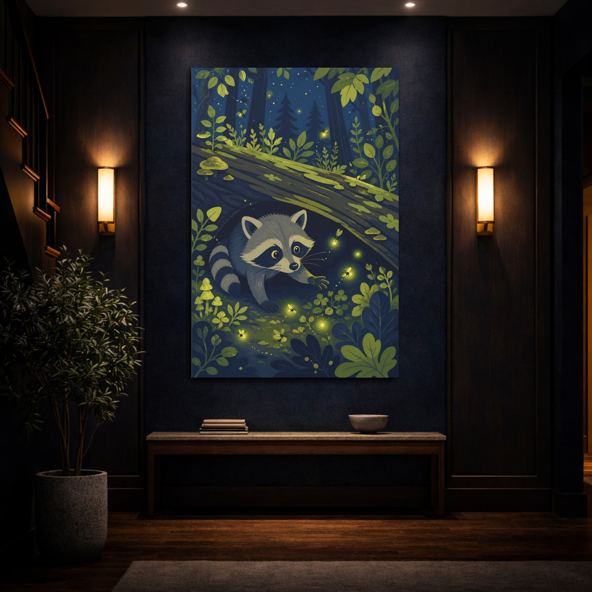Mockup 4. Raccoon And Fireflies Kids Room shown as canvas print
