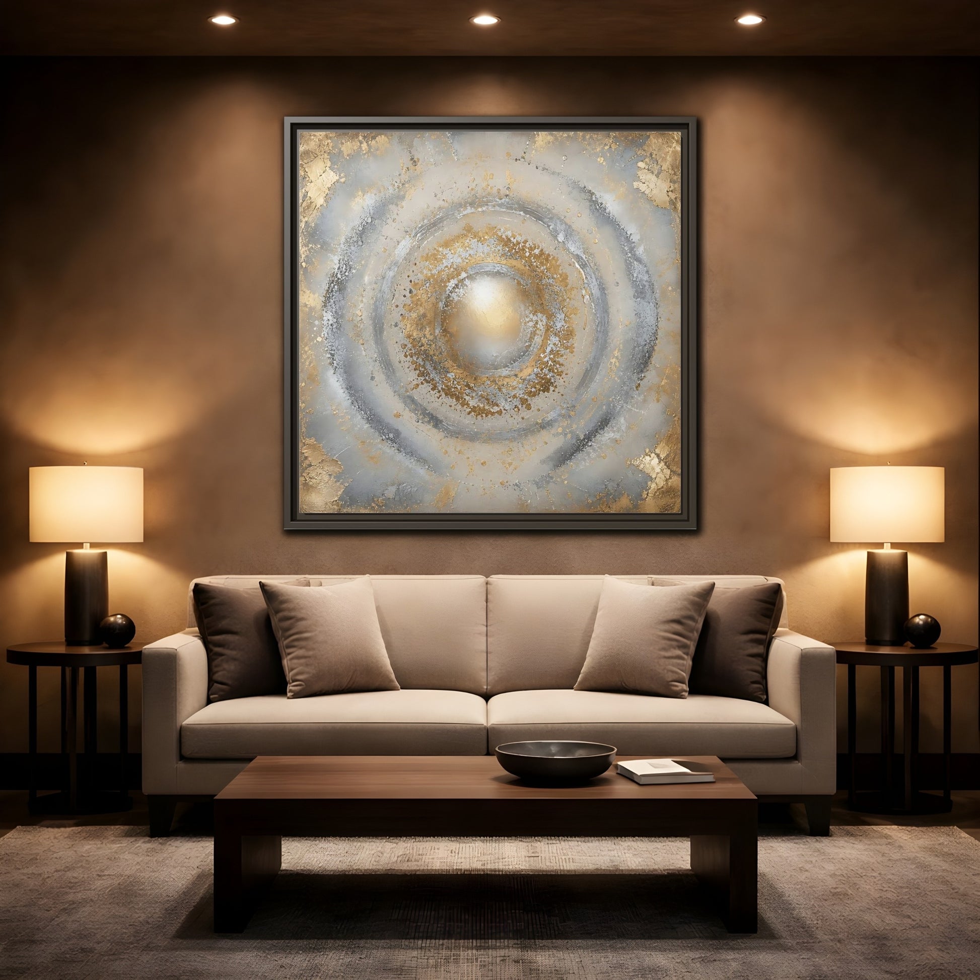 Mockup 2. Radiant Gold Orb shown as framed canvas print