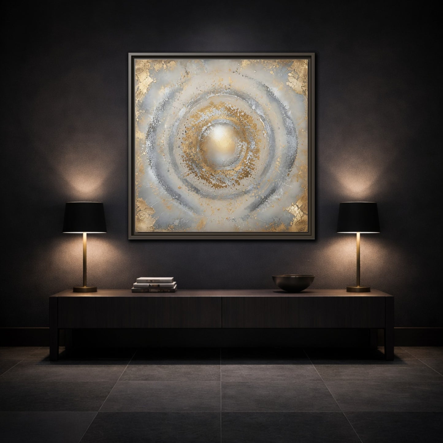Mockup 3. Radiant Gold Orb shown as framed canvas print