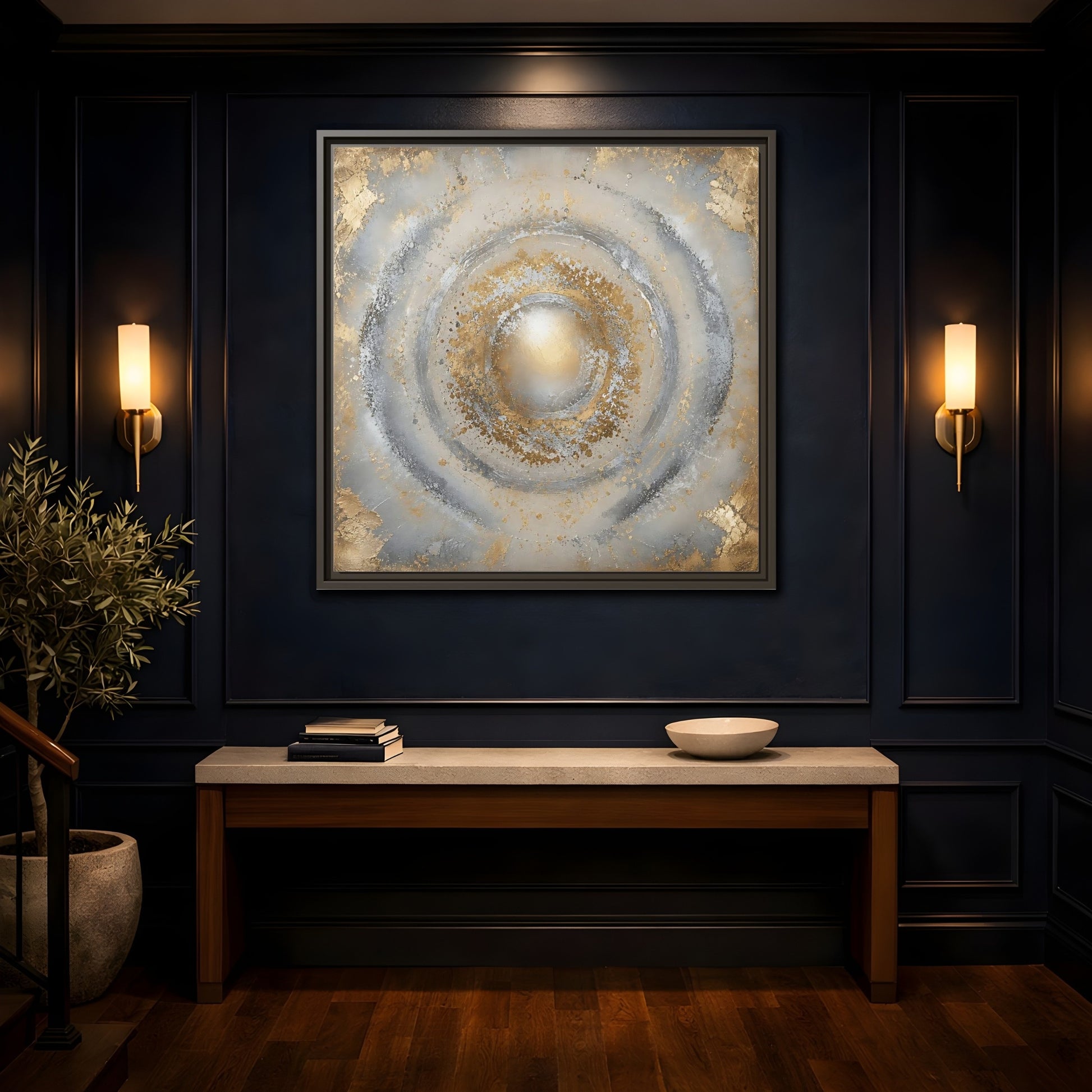 Mockup 4. Radiant Gold Orb shown as framed canvas print