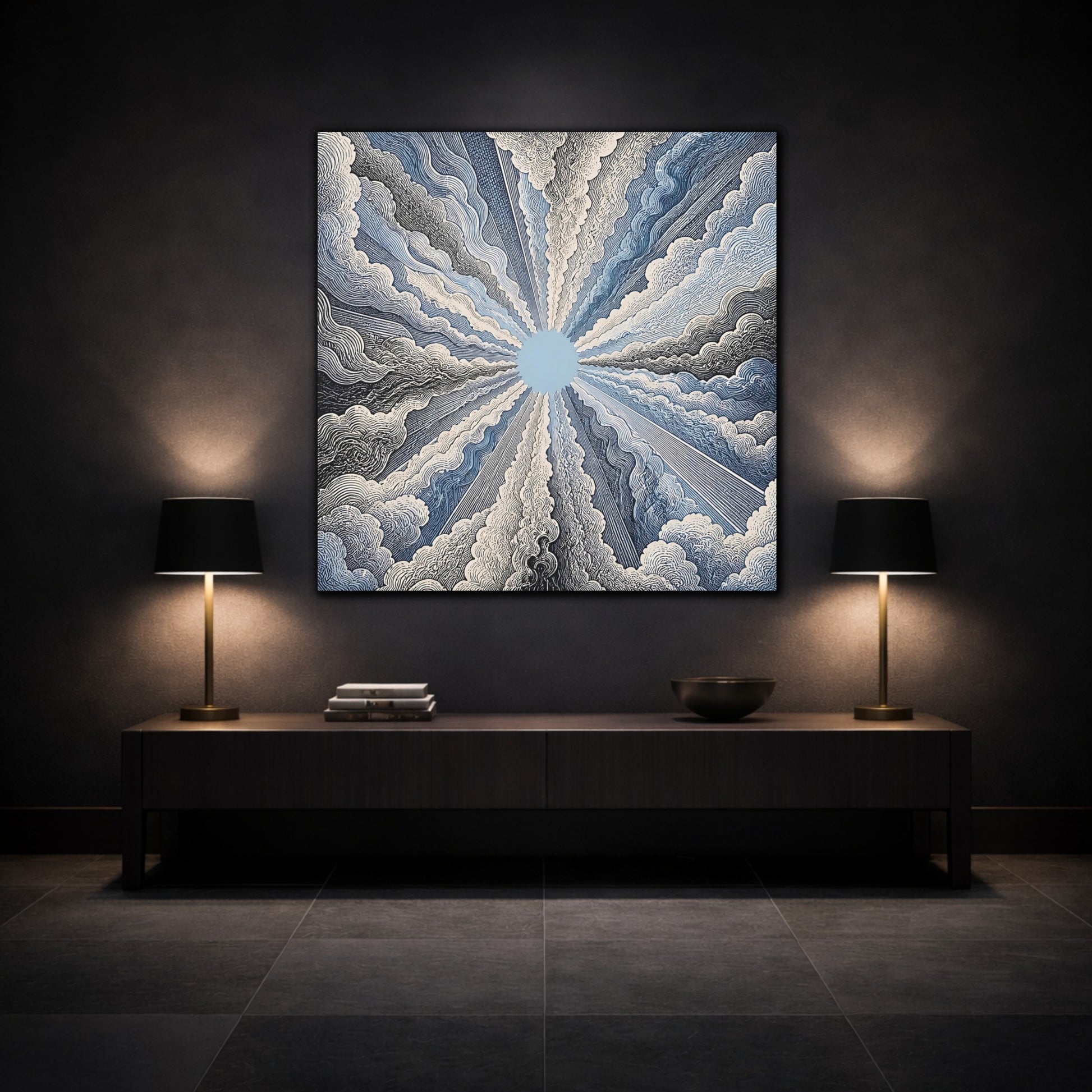 Mockup 3. Radiant Sky Engraving shown as canvas print