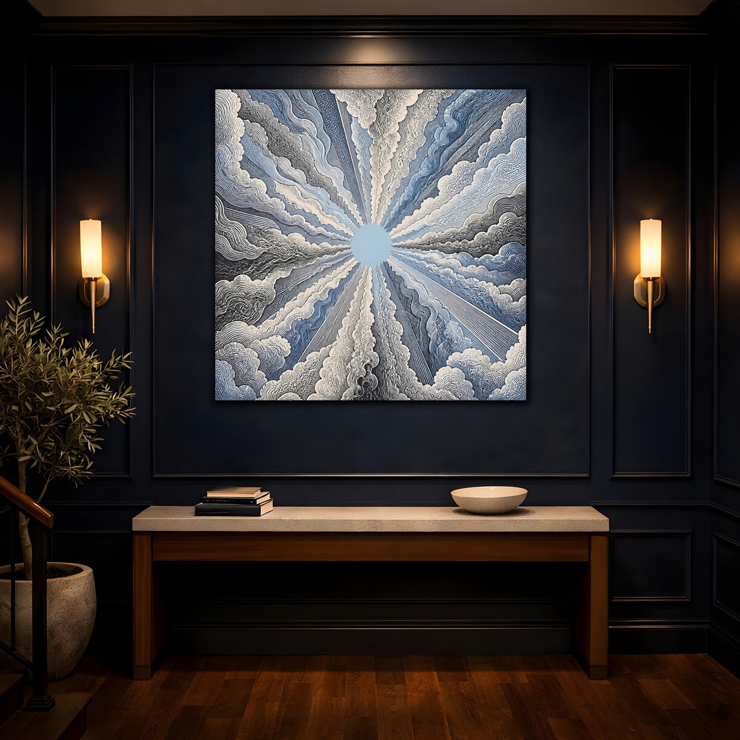 Mockup 4. Radiant Sky Engraving shown as canvas print