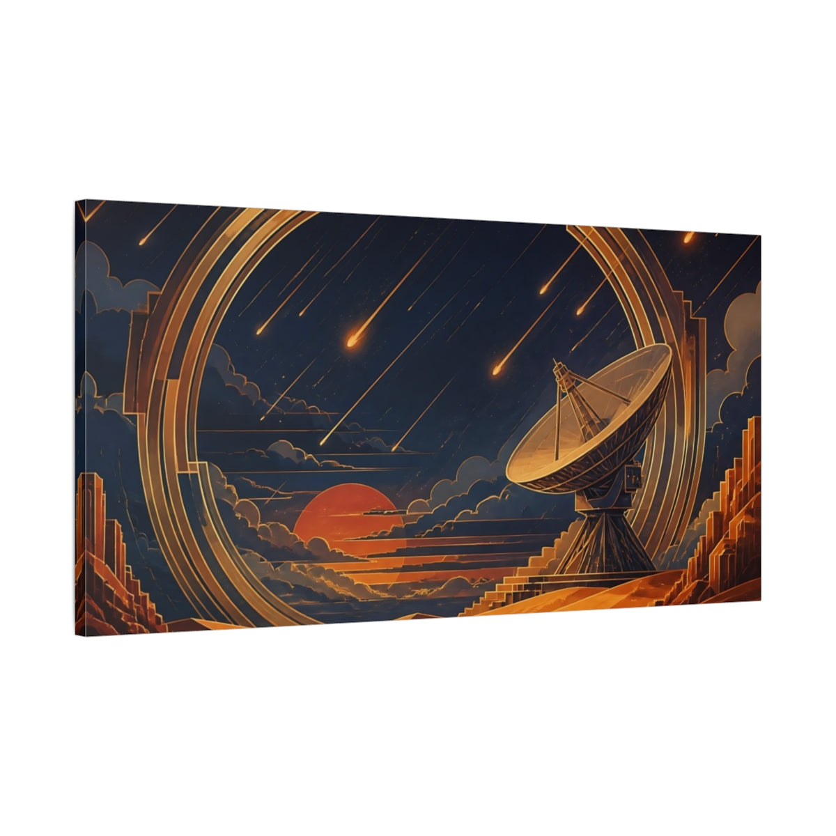 Main Mockup. Radio Dish Under Meteor Shower shown as canvas print