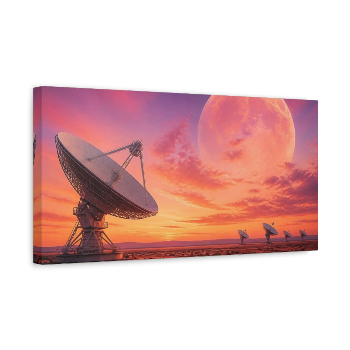 Side Mockup 3. Radio Telescope At Rose-Gold Dawn shown as canvas print