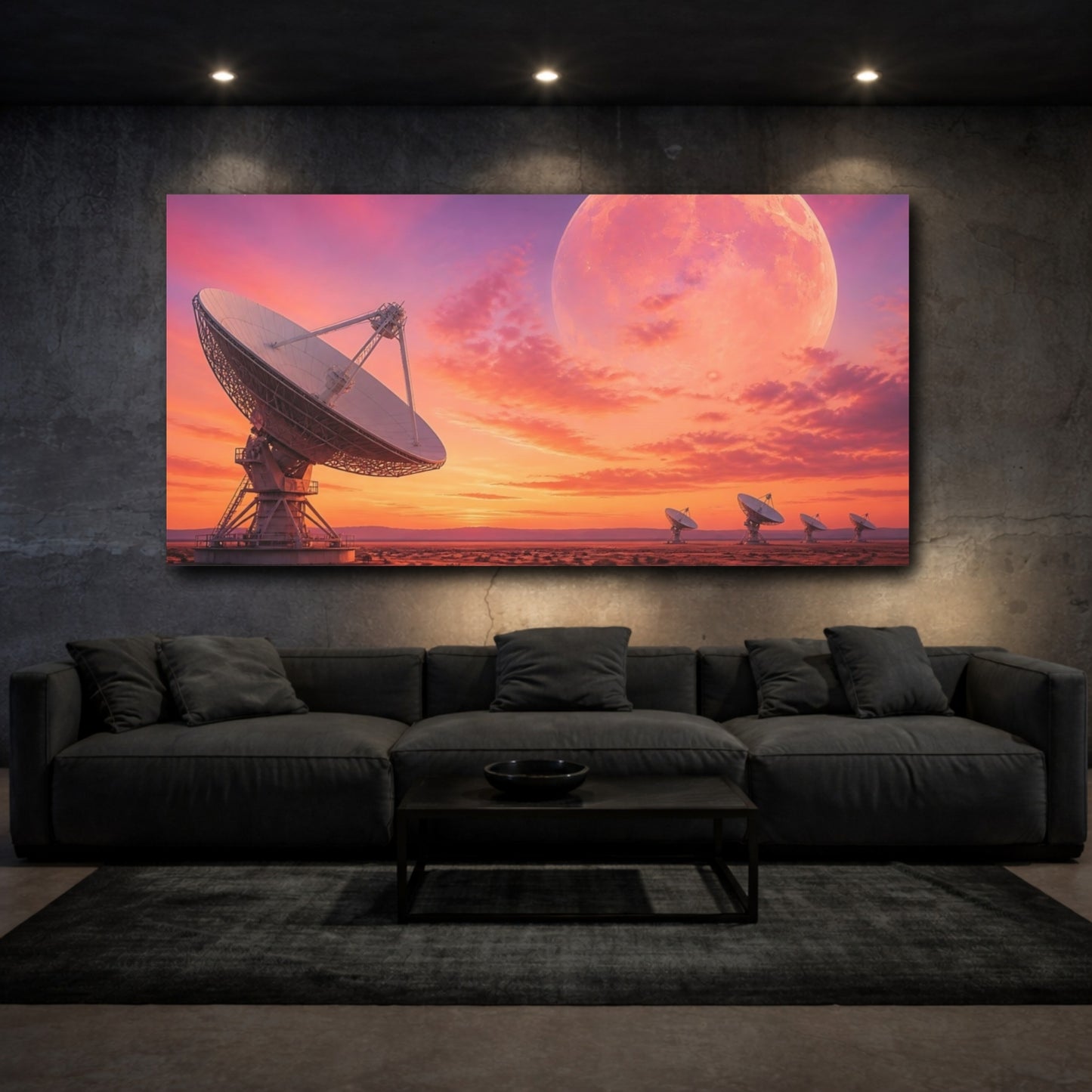 Mockup 3. Radio Telescope At Rose-Gold Dawn shown as canvas print