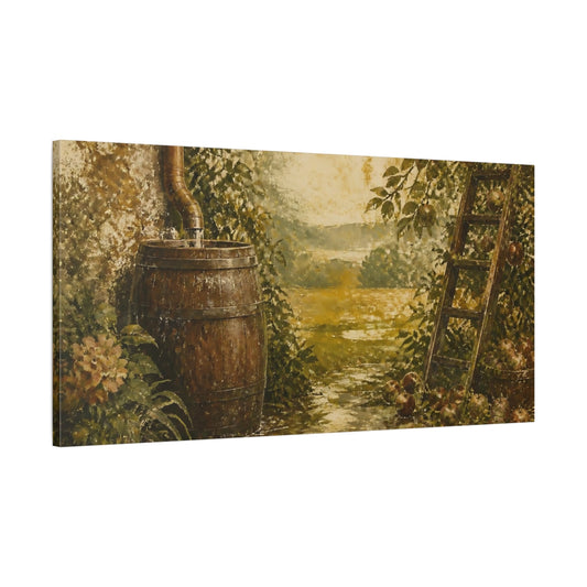 Main Mockup. Rain Barrel Apple Harvest shown as canvas print
