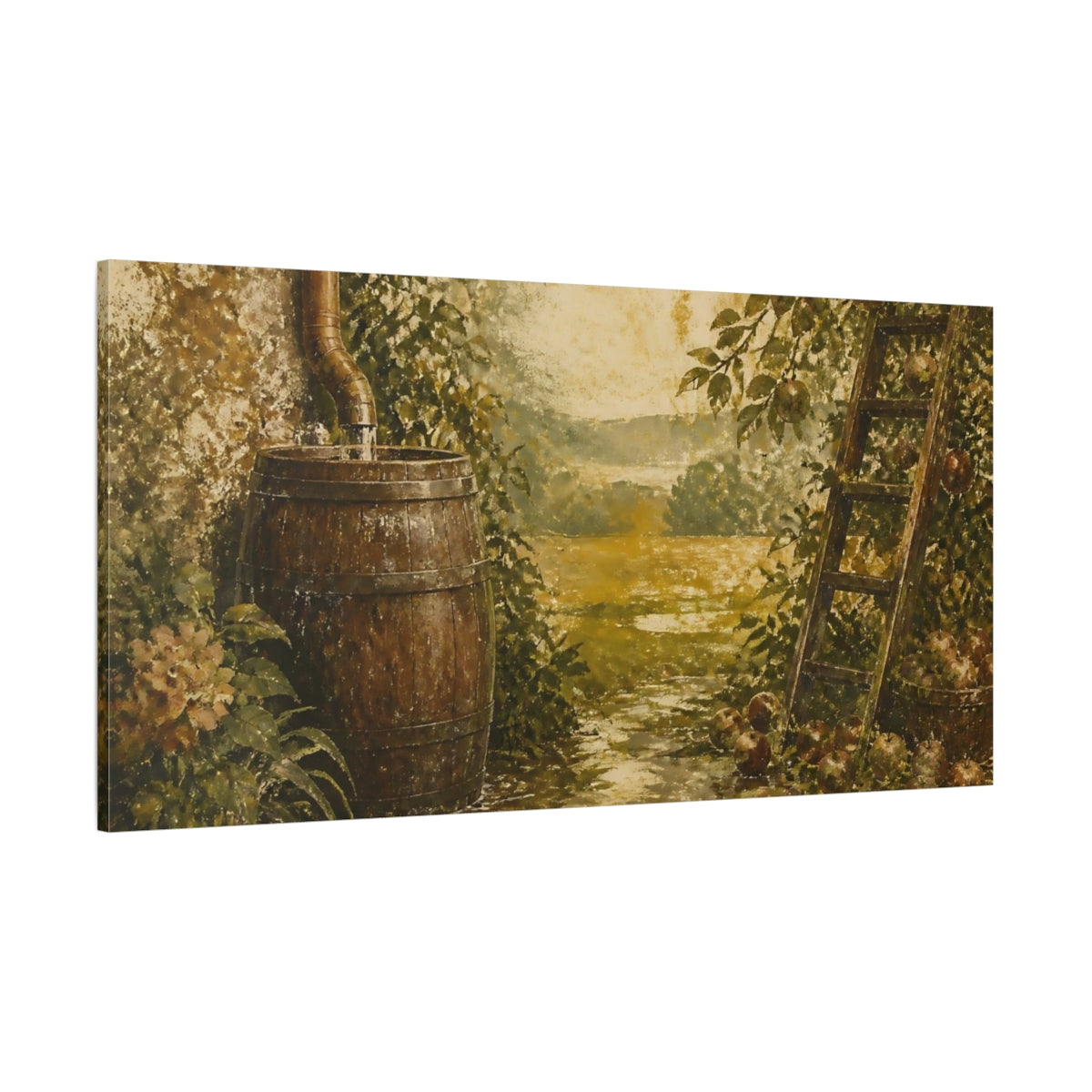 Side Mockup 2. Rain Barrel Apple Harvest shown as canvas print