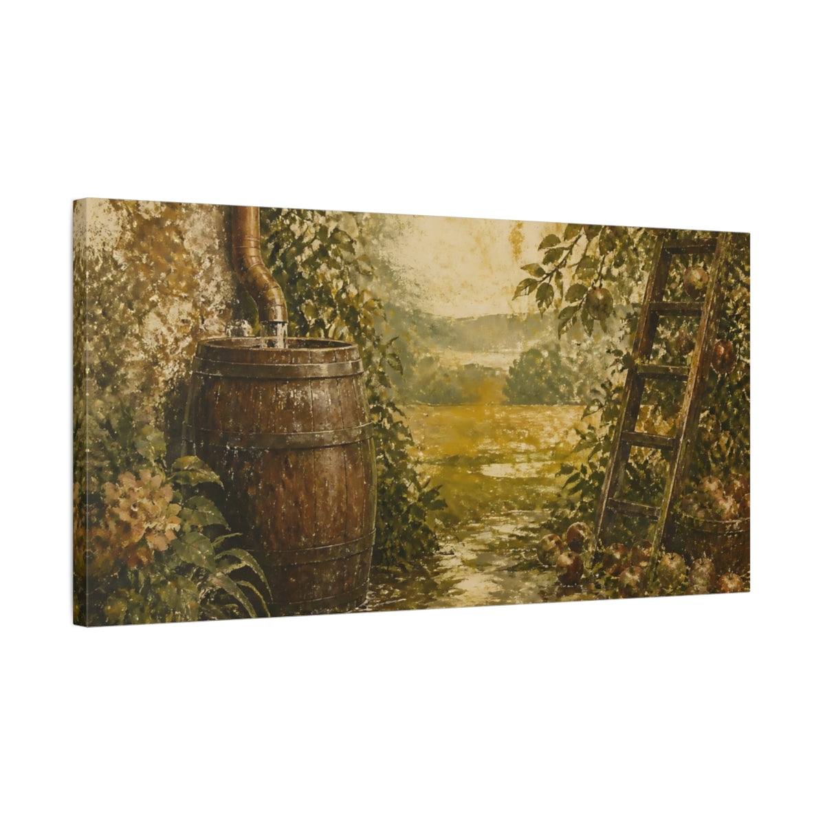 Side Mockup 1. Rain Barrel Apple Harvest shown as canvas print