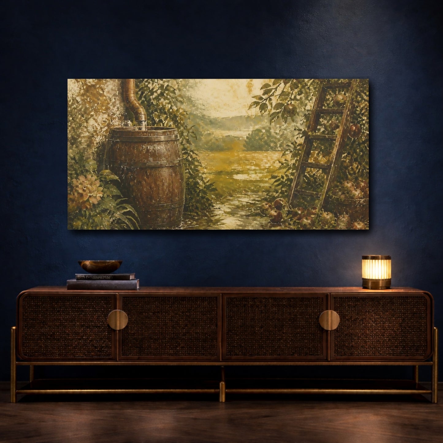 Mockup 4. Rain Barrel Apple Harvest shown as canvas print