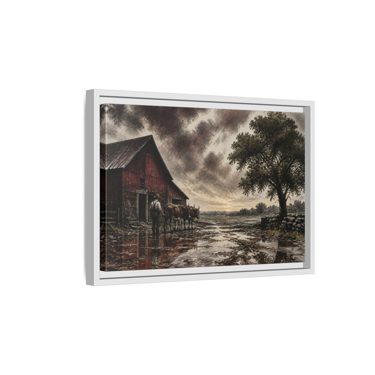 Side Mockup 4. Rain-Darkened Barnyard shown as framed canvas print