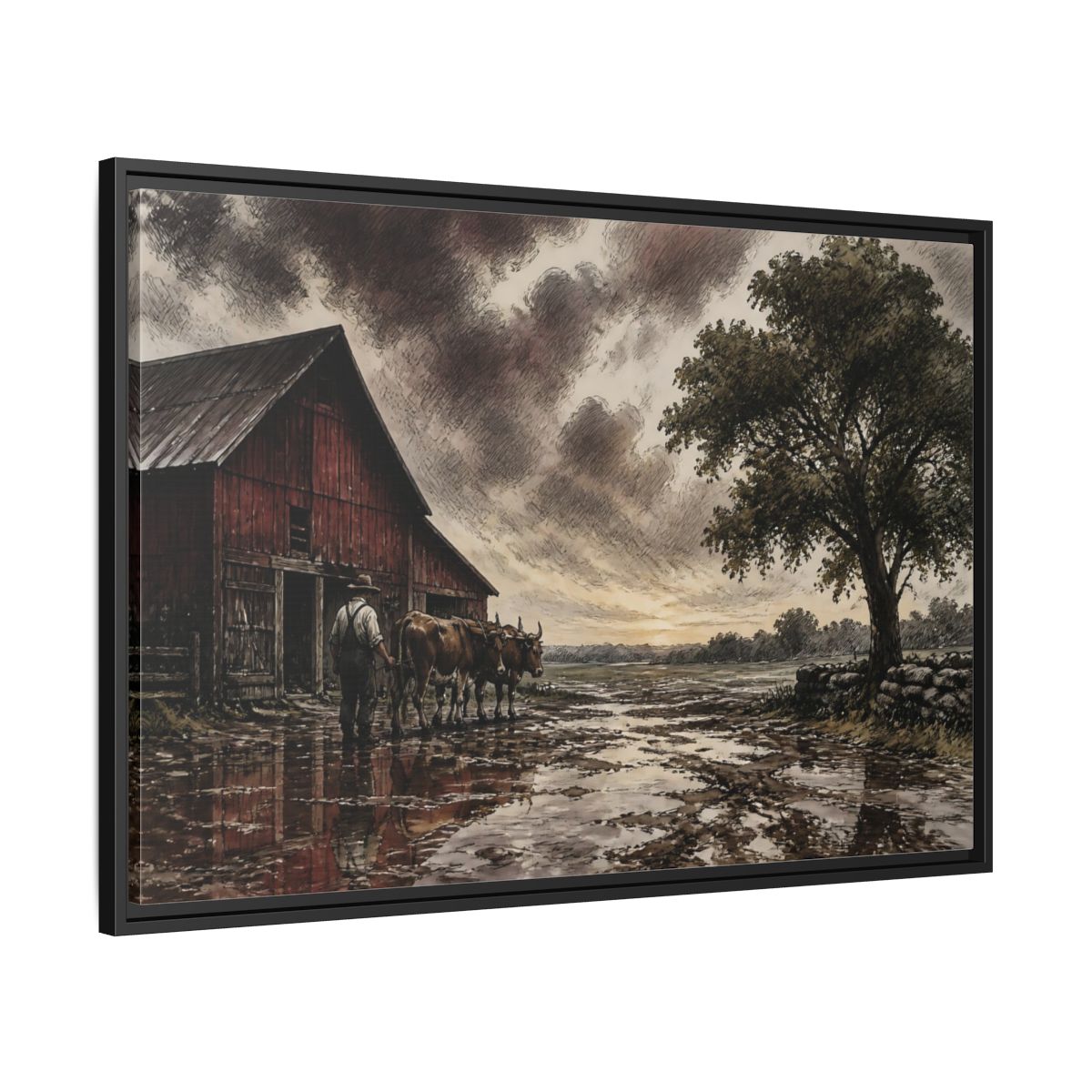 Side Mockup 13. Rain-Darkened Barnyard shown as framed canvas print