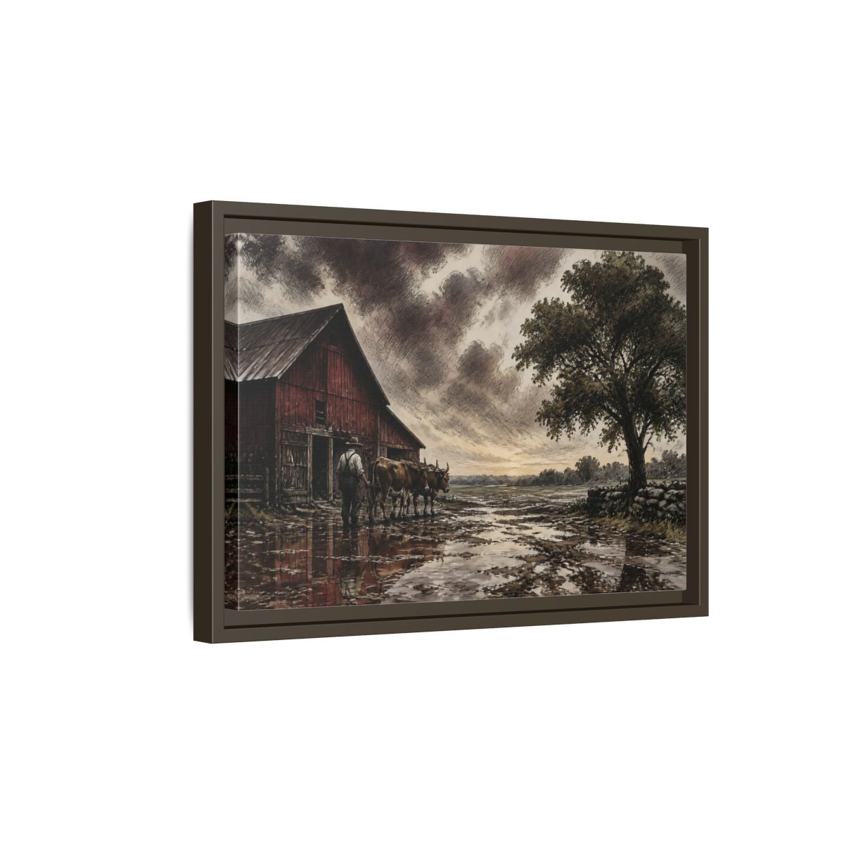 Side Mockup 5. Rain-Darkened Barnyard shown as framed canvas print