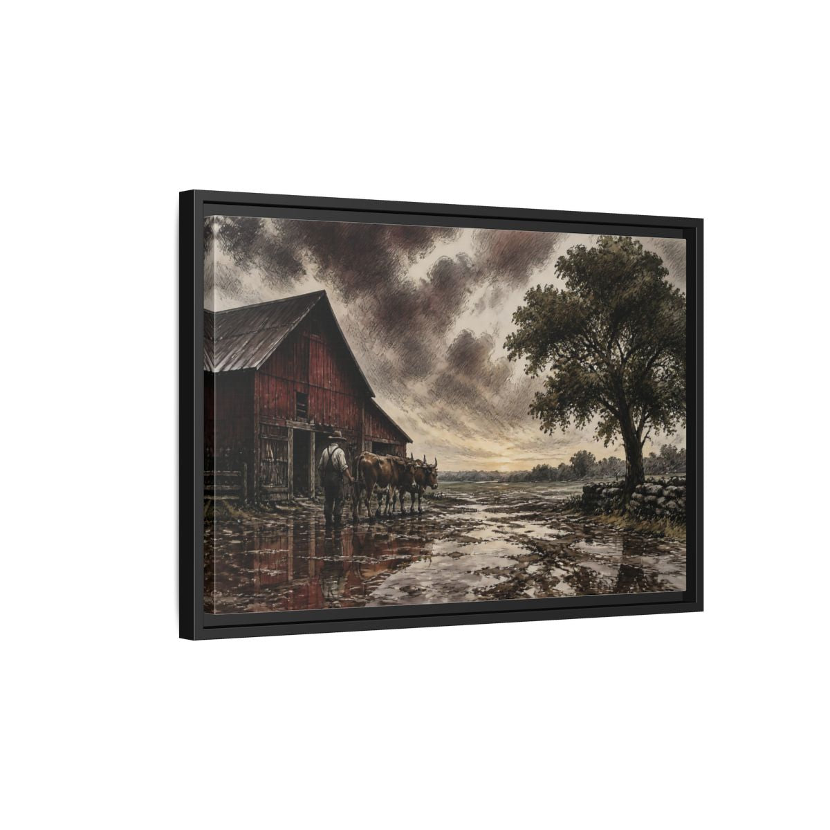 Side Mockup 3. Rain-Darkened Barnyard shown as framed canvas print
