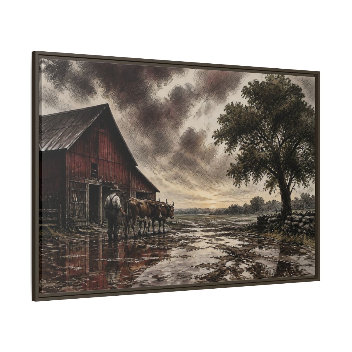 Side Mockup 8. Rain-Darkened Barnyard shown as framed canvas print