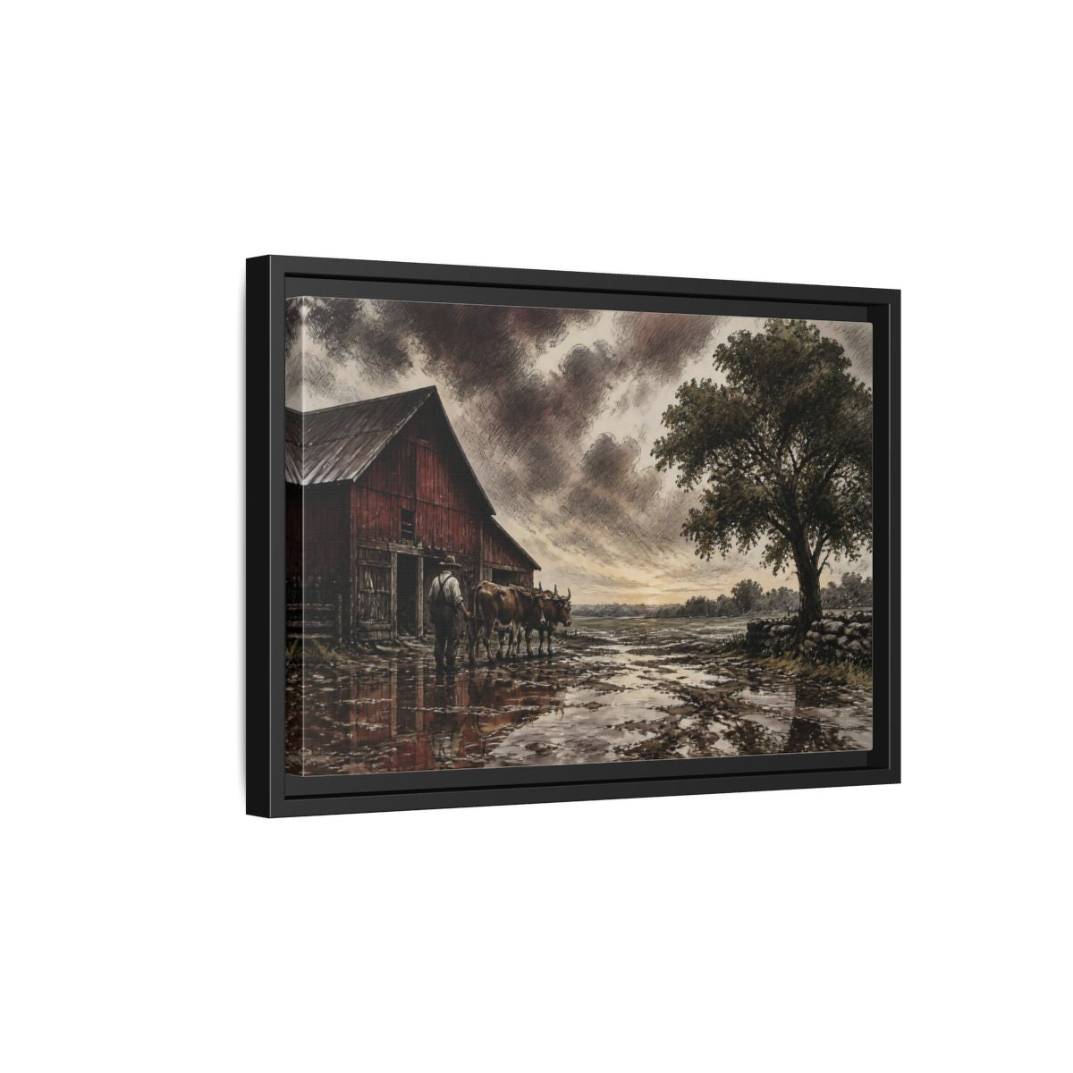 Side Mockup 6. Rain-Darkened Barnyard shown as framed canvas print