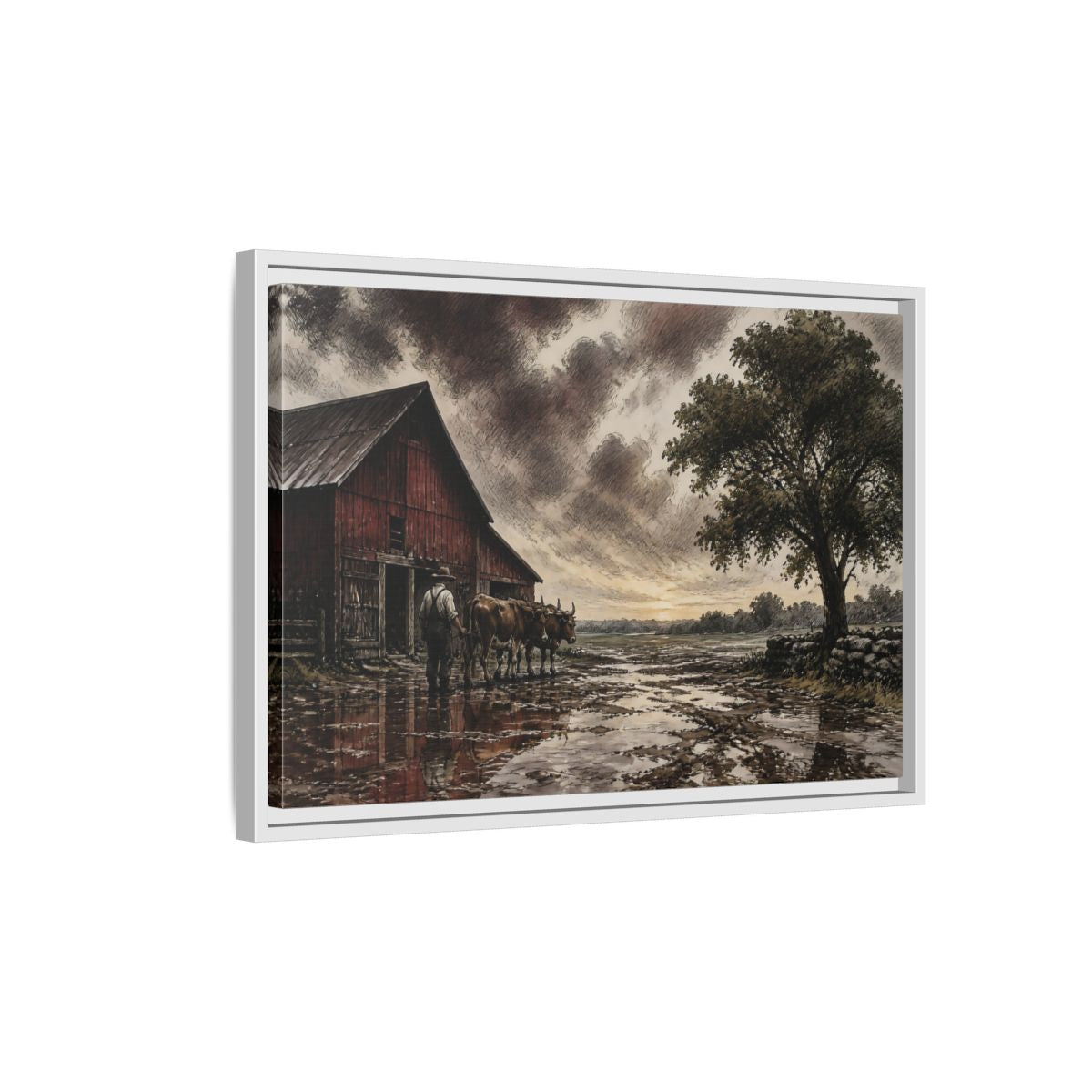 Side Mockup 1. Rain-Darkened Barnyard shown as framed canvas print