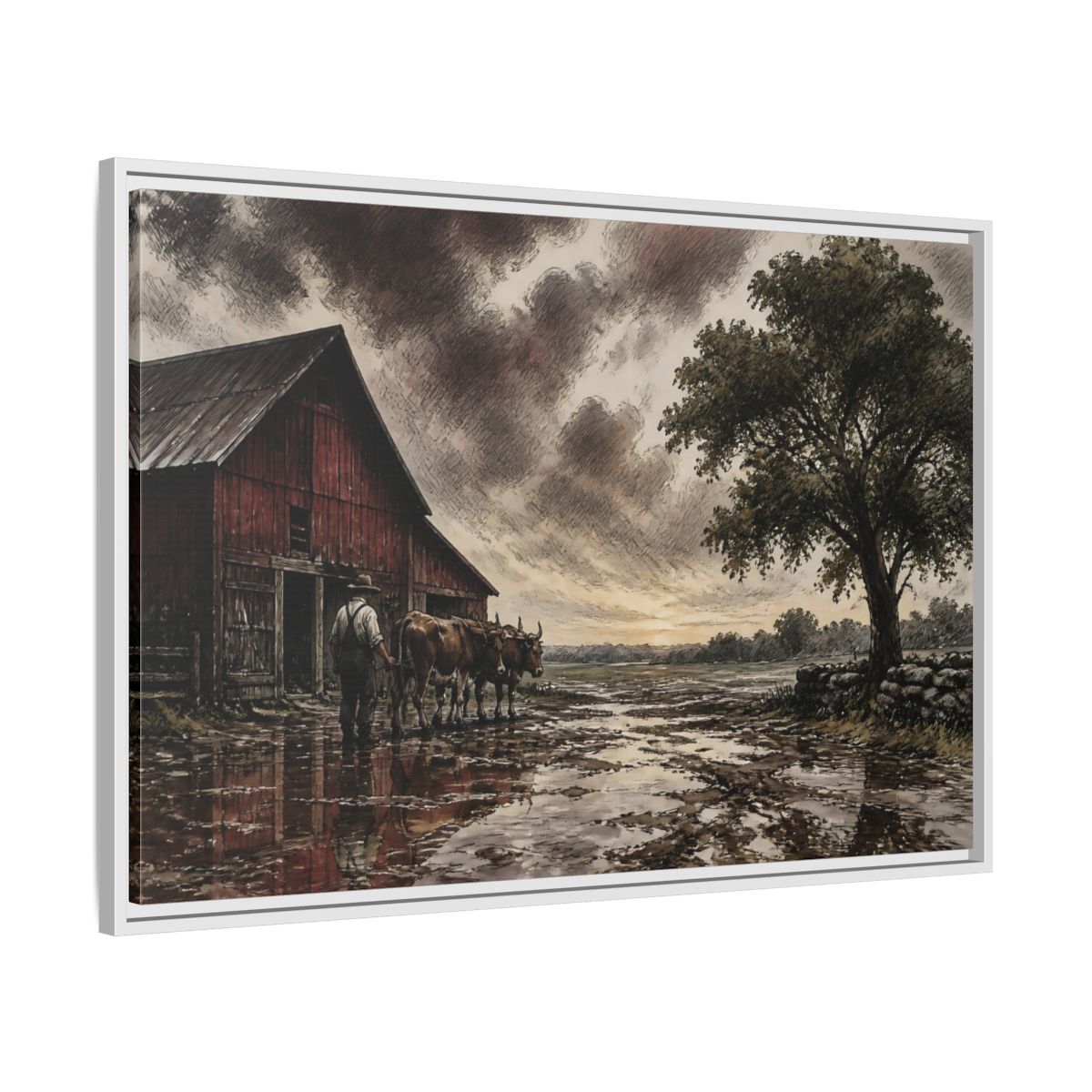 Side Mockup 9. Rain-Darkened Barnyard shown as framed canvas print
