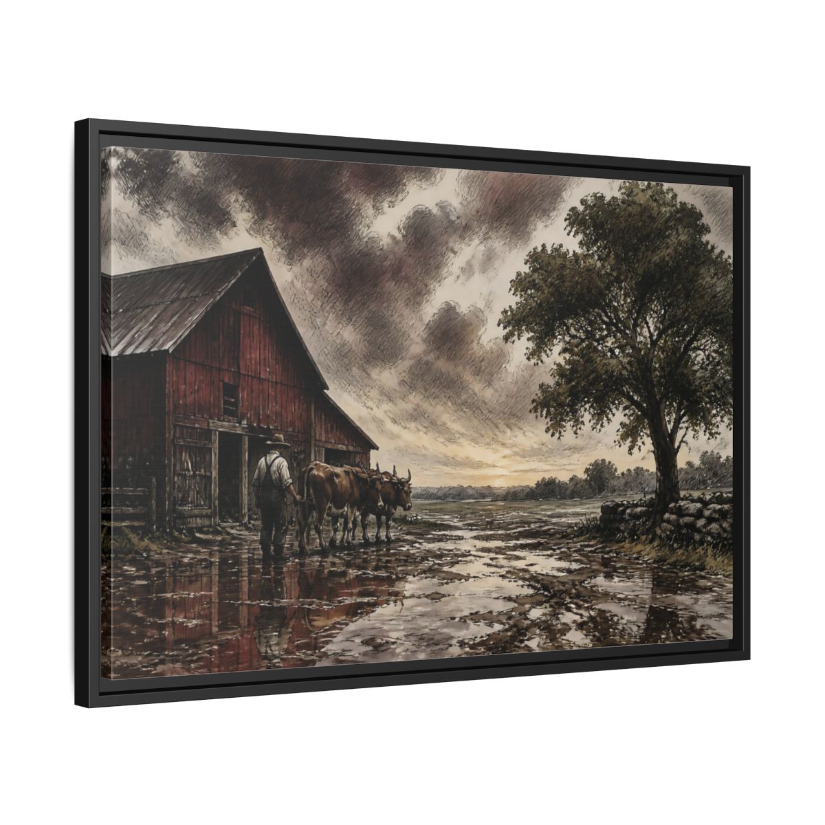 Side Mockup 14. Rain-Darkened Barnyard shown as framed canvas print