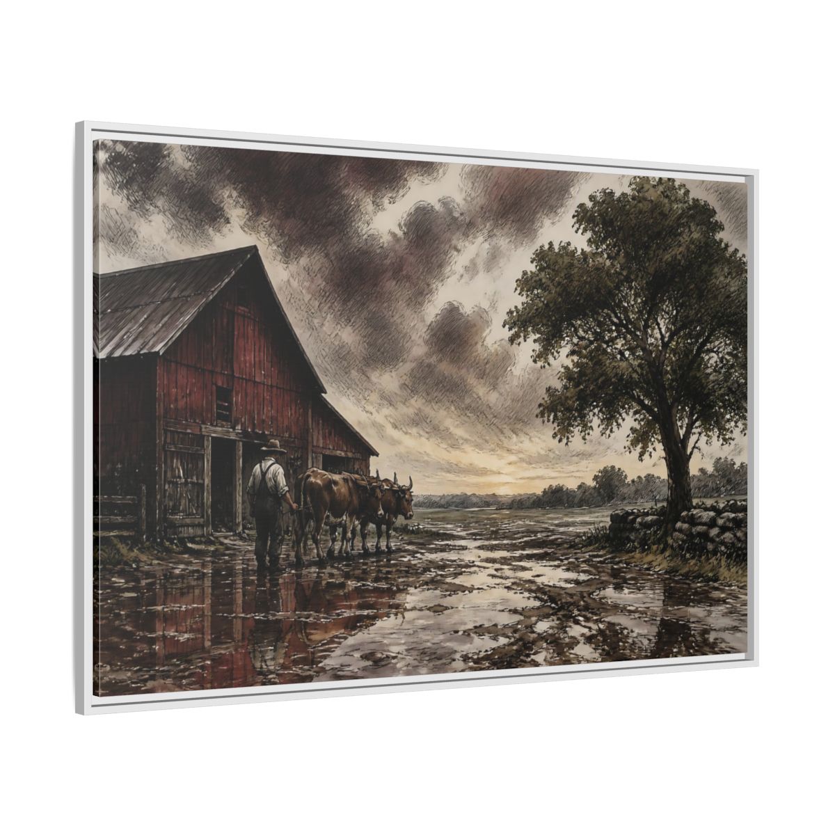 Side Mockup 7. Rain-Darkened Barnyard shown as framed canvas print