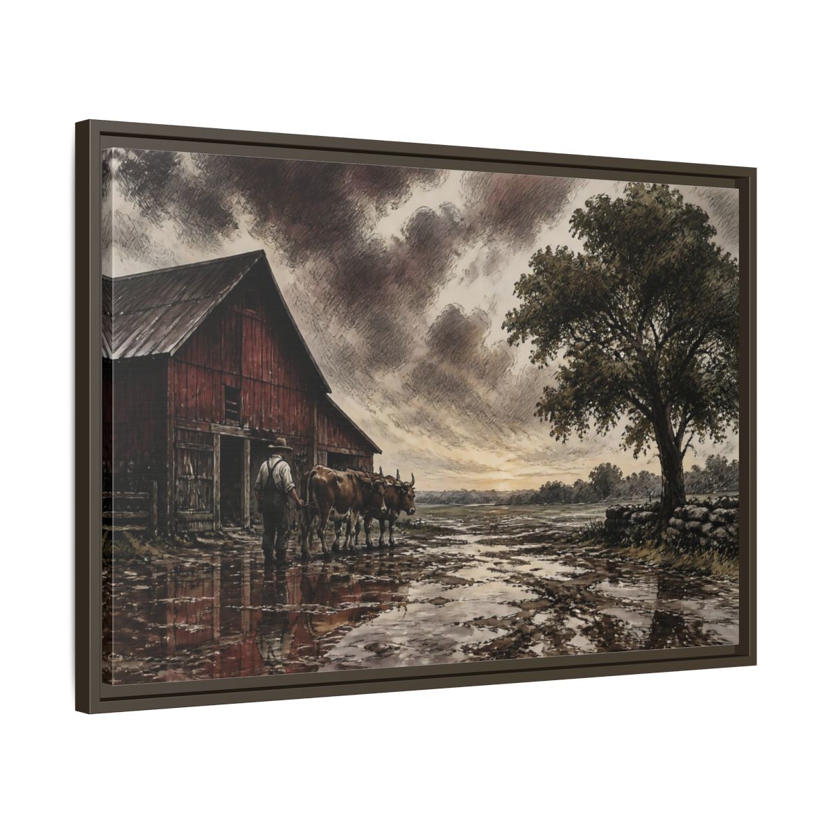 Side Mockup 11. Rain-Darkened Barnyard shown as framed canvas print