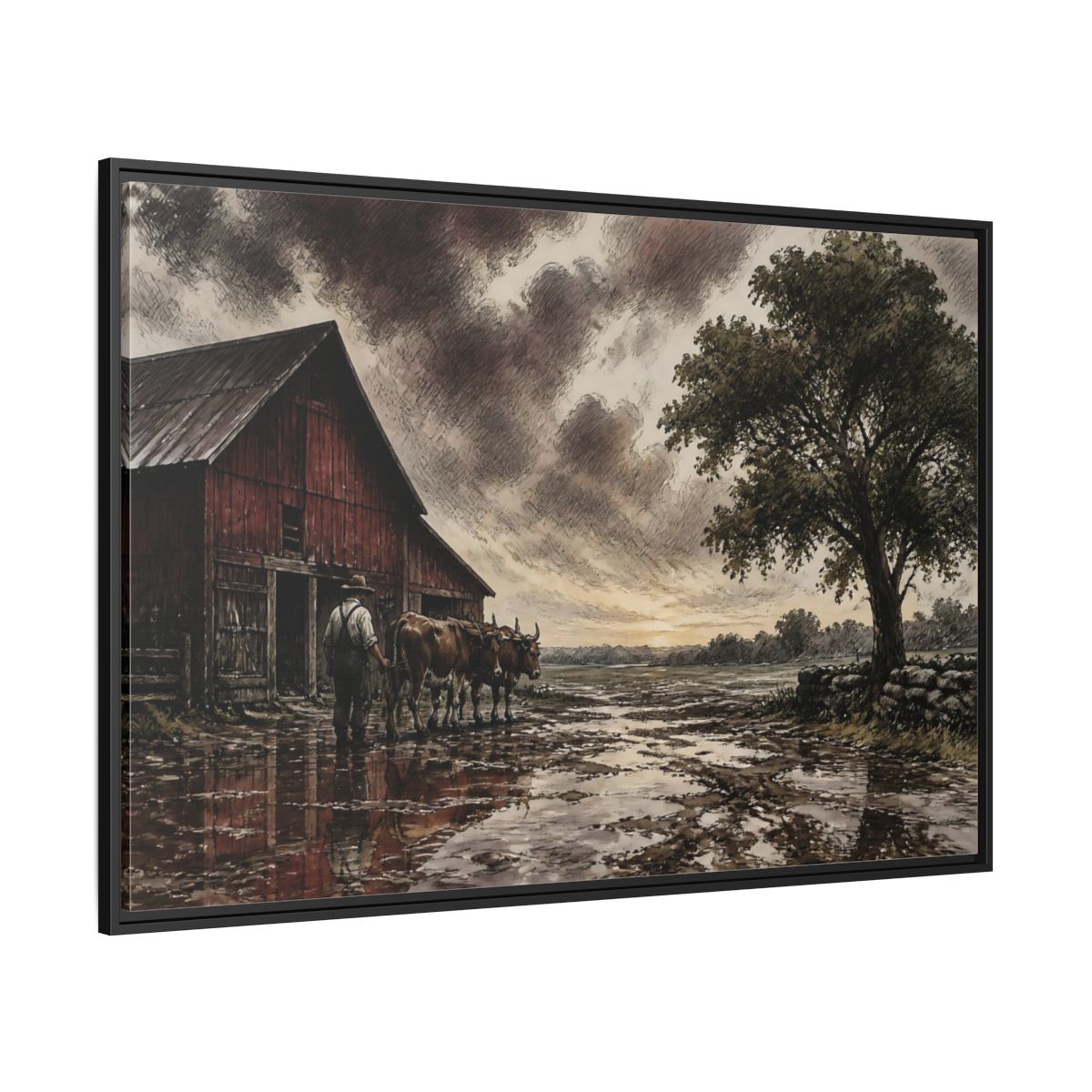 Side Mockup 12. Rain-Darkened Barnyard shown as framed canvas print