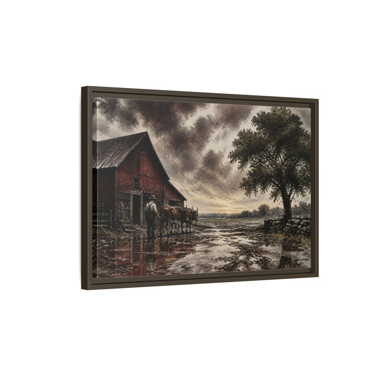 Side Mockup 2. Rain-Darkened Barnyard shown as framed canvas print