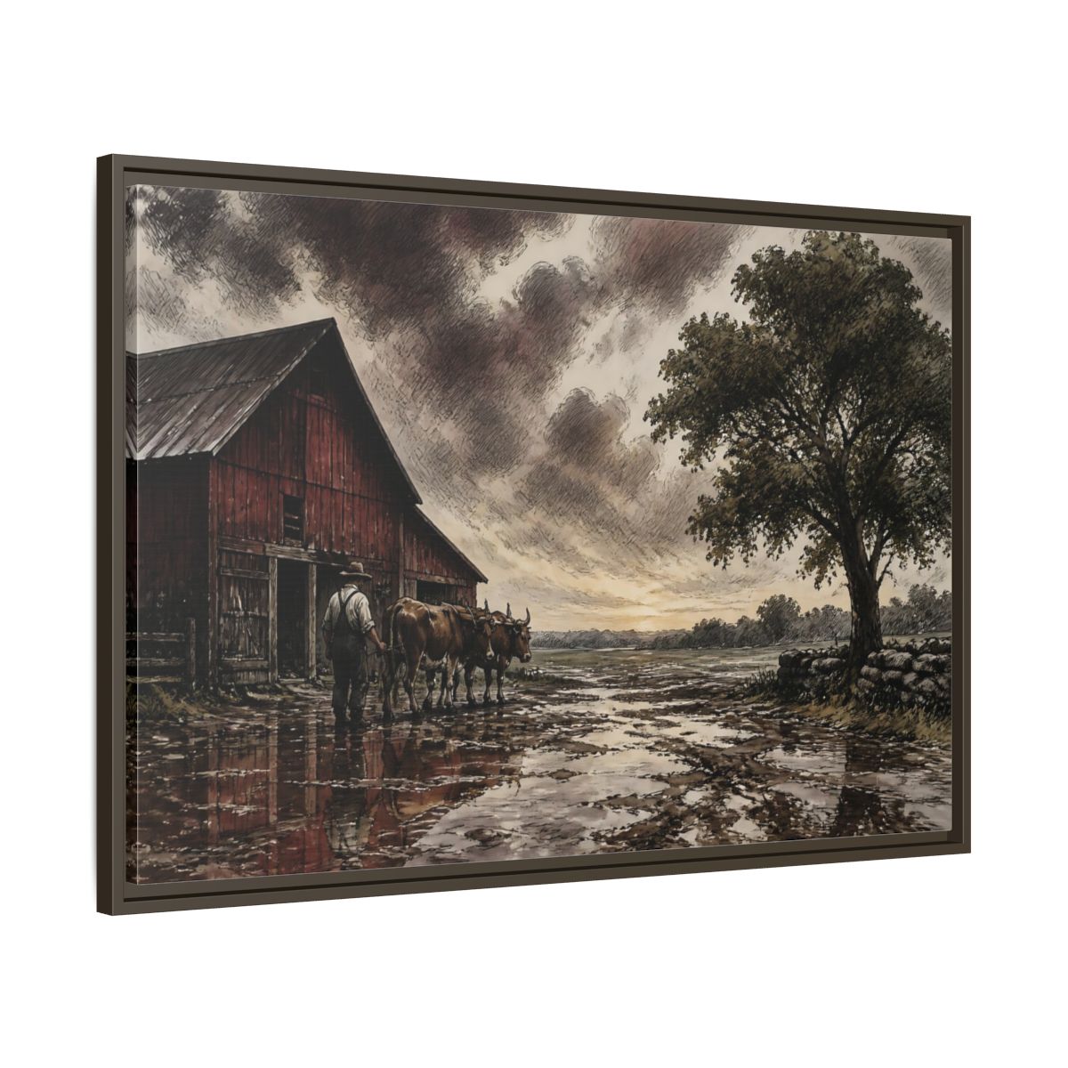 Main Mockup. Rain-Darkened Barnyard shown as framed canvas print