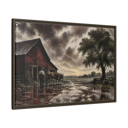 Main Mockup. Rain-Darkened Barnyard shown as framed canvas print
