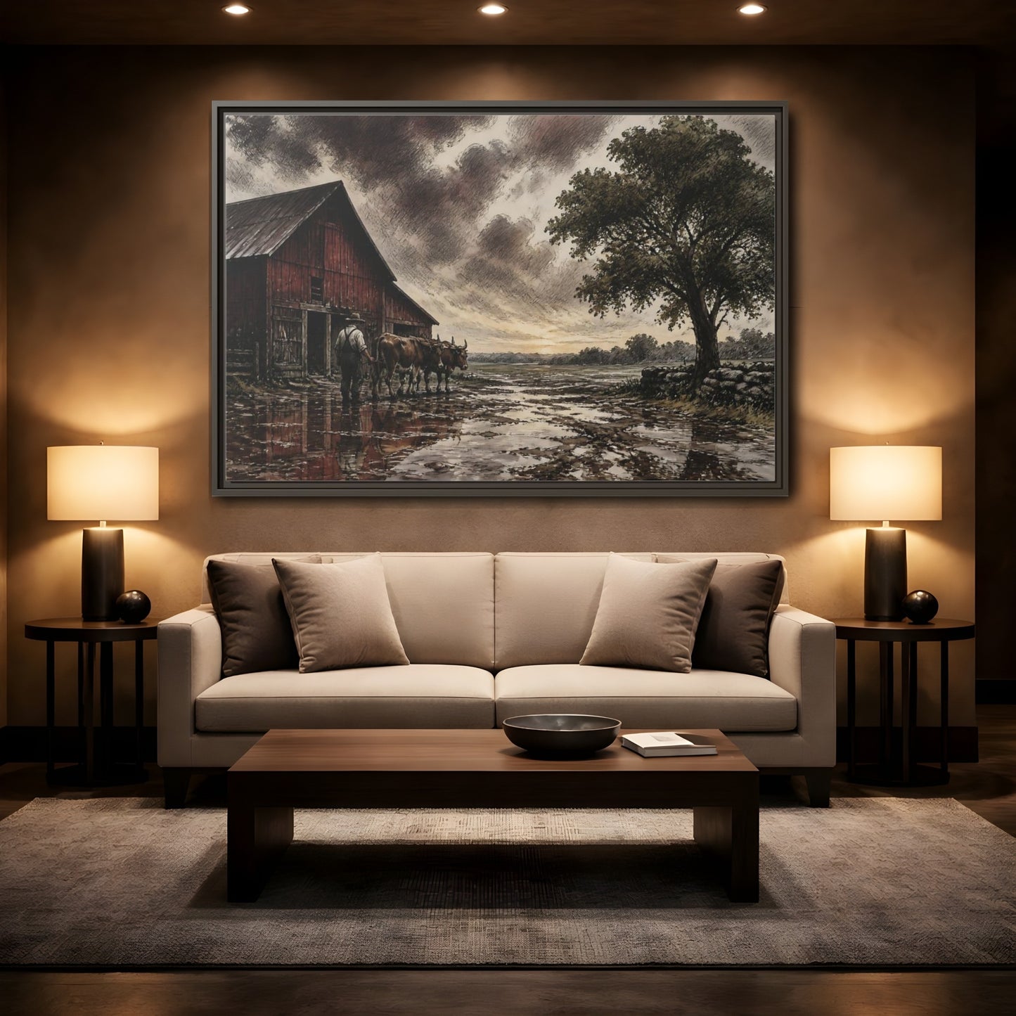 Mockup 2. Rain-Darkened Barnyard shown as framed canvas print